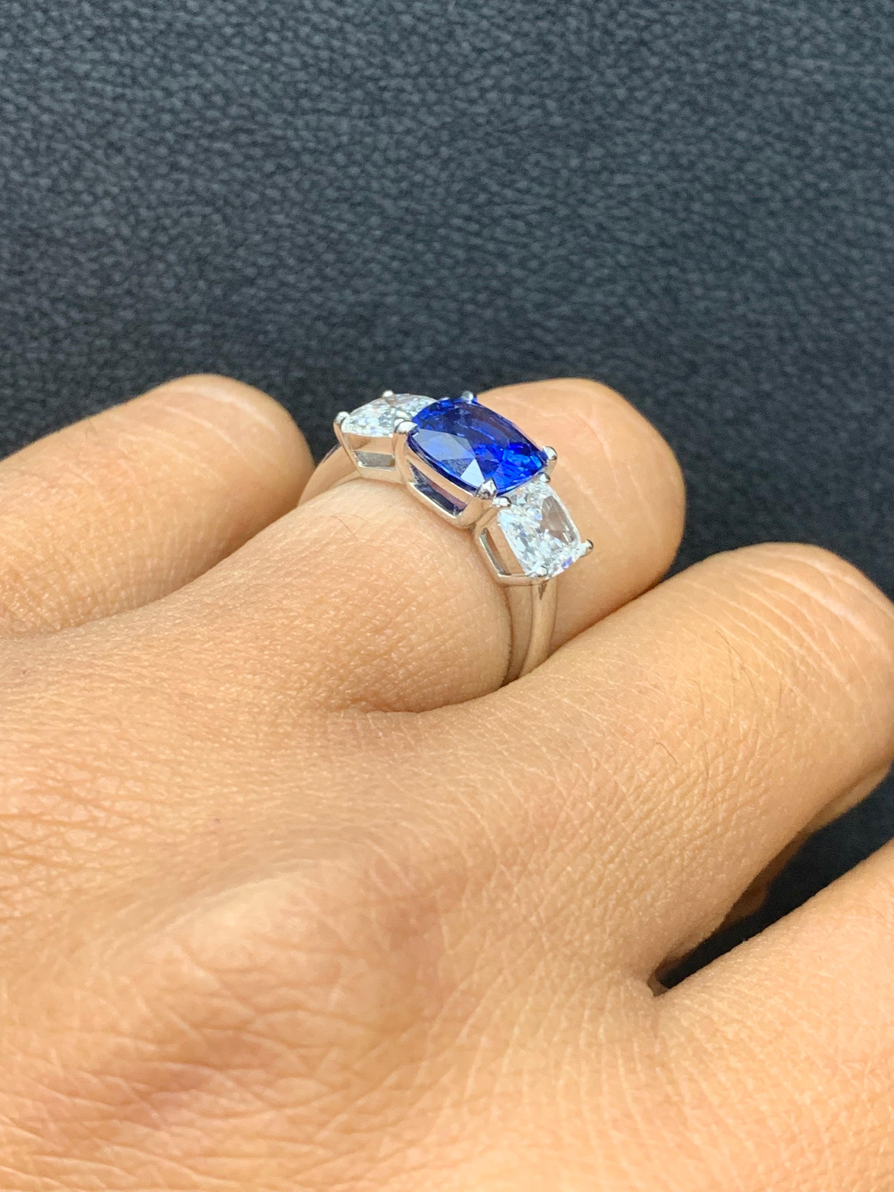 Women's 2.14 Carat Cushion Cut Sapphire and Diamond Three-Stone Engagement Platinum Ring For Sale