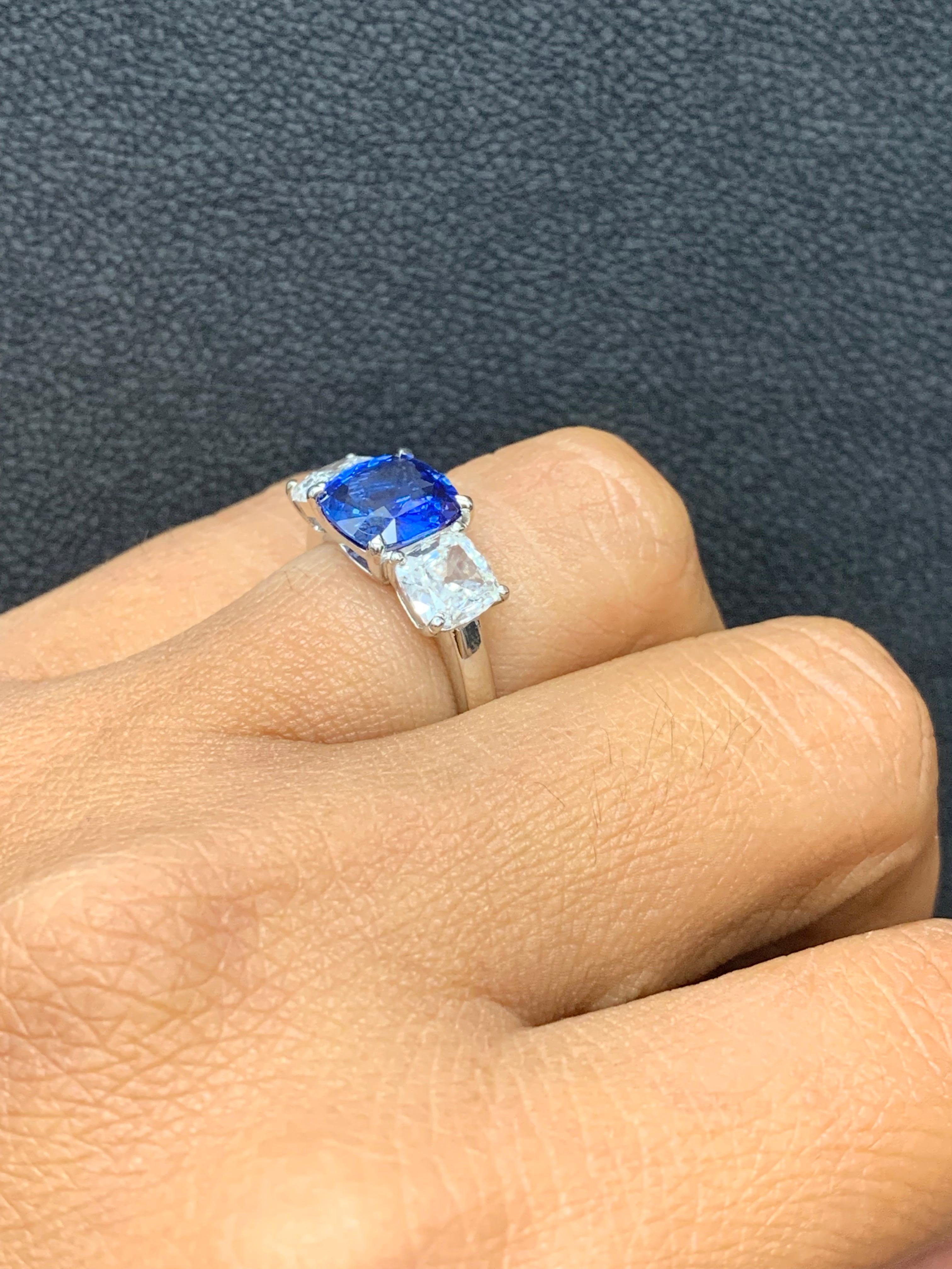 2.14 Carat Cushion Cut Sapphire and Diamond Three-Stone Engagement Platinum Ring For Sale 1