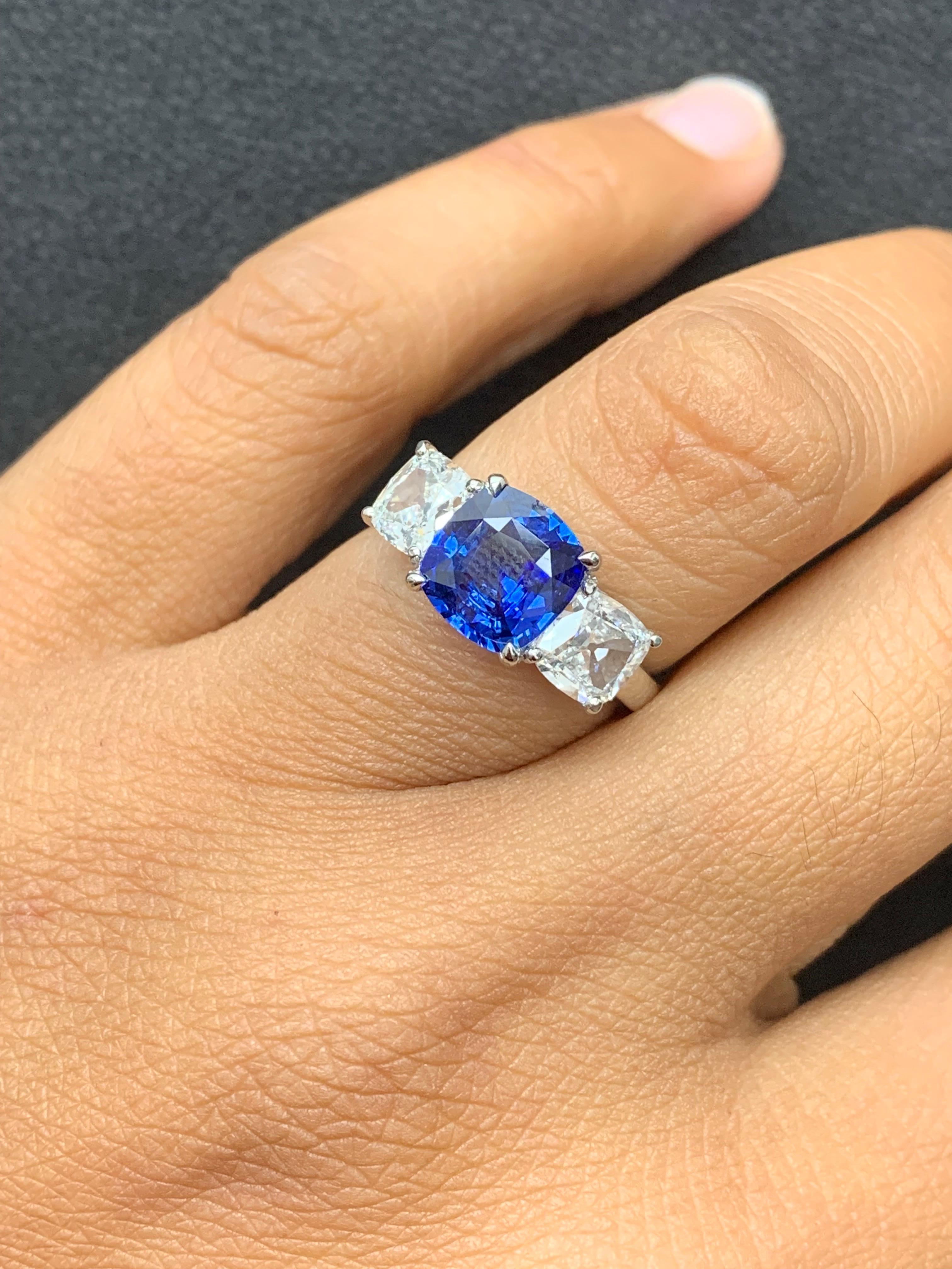 2.14 Carat Cushion Cut Sapphire and Diamond Three-Stone Engagement Platinum Ring For Sale 2