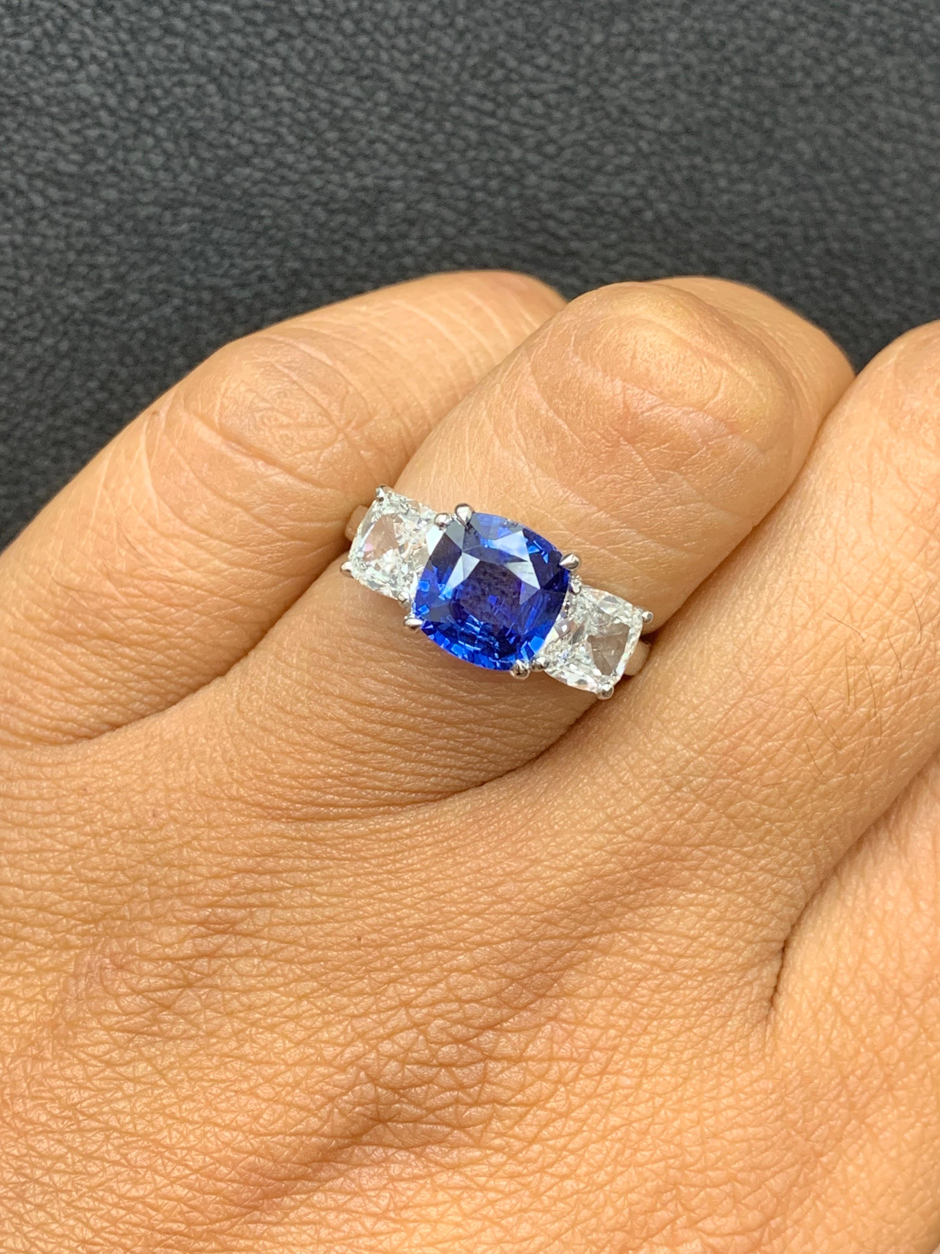 2.14 Carat Cushion Cut Sapphire and Diamond Three-Stone Engagement Platinum Ring For Sale 3