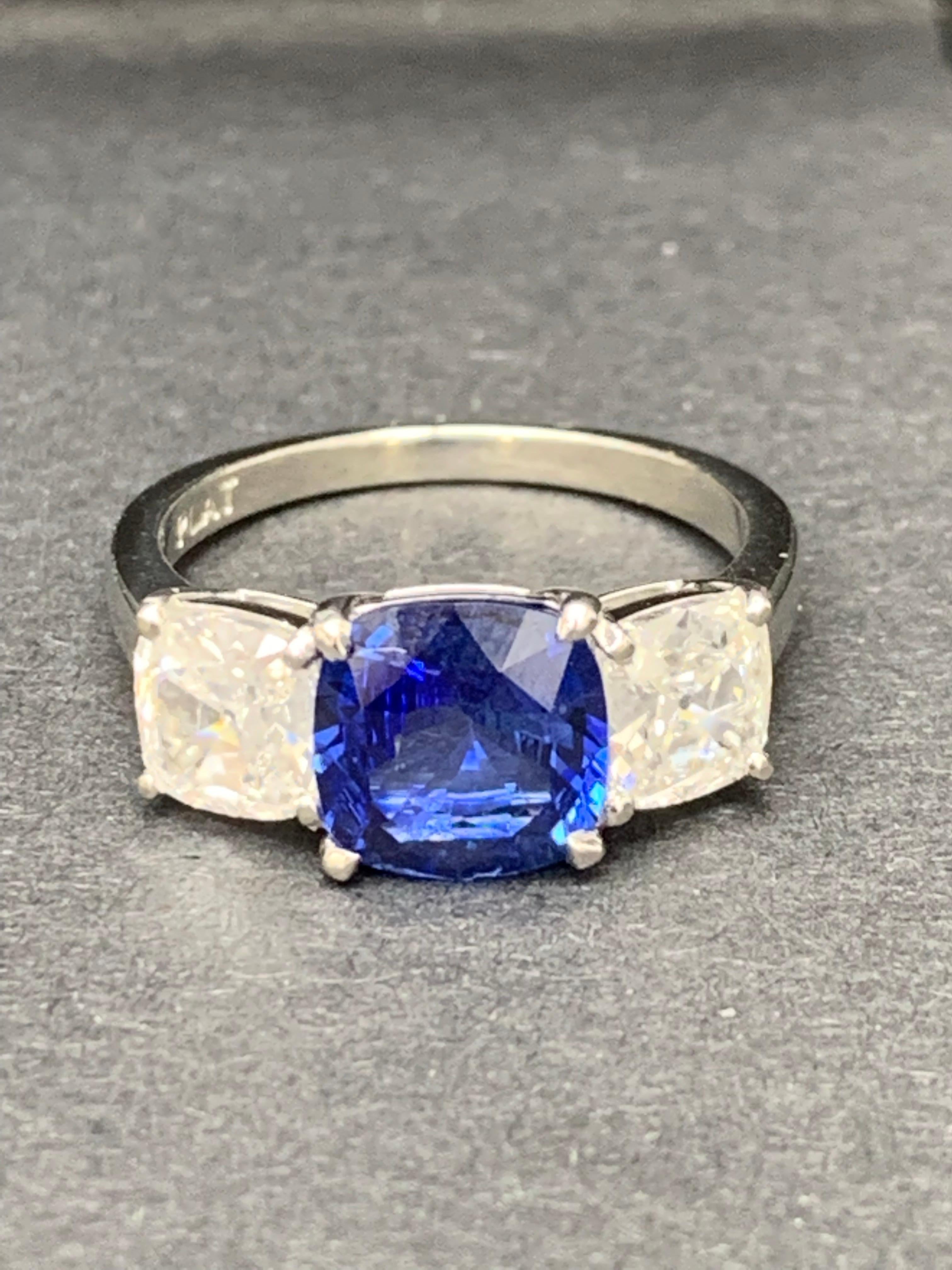 2.14 Carat Cushion Cut Sapphire and Diamond Three-Stone Engagement Platinum Ring For Sale 4