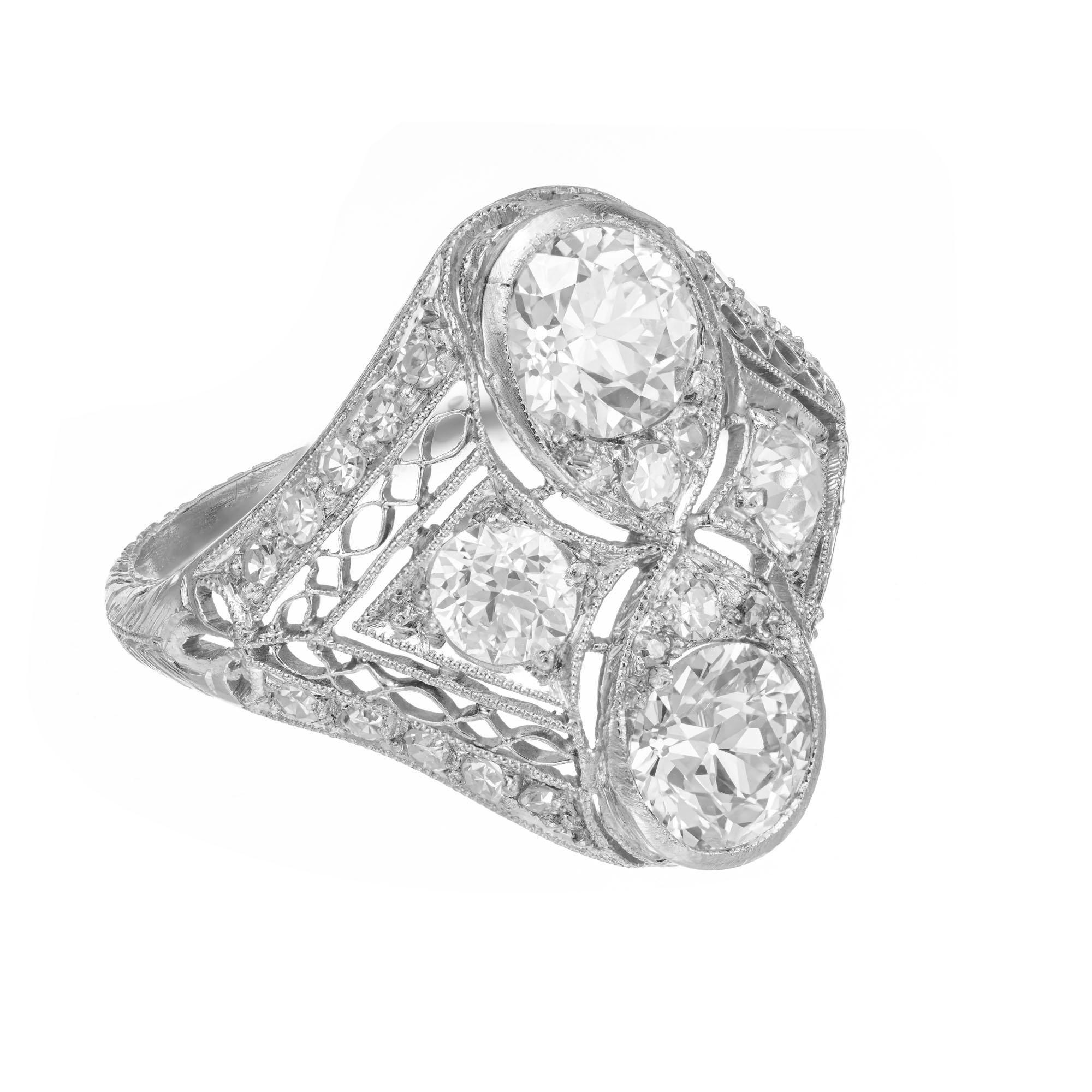 2.14 Carat Diamond Filigree Old European Cut Platinum Ring In Good Condition For Sale In Stamford, CT