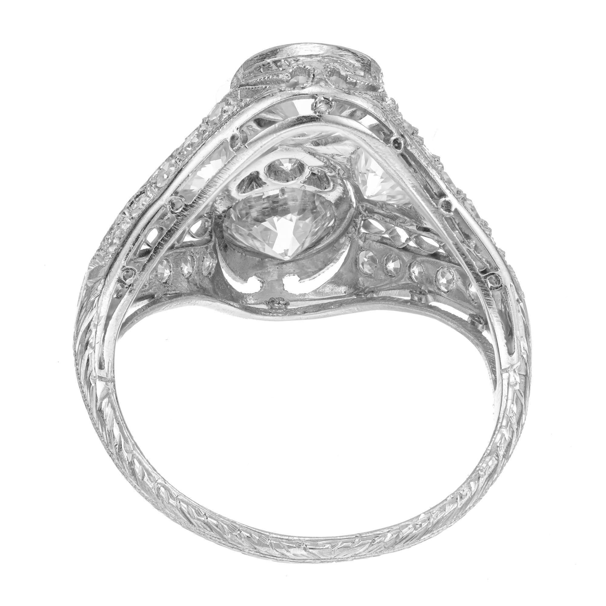 2.14 Carat Diamond Filigree Old European Cut Platinum Ring For Sale 2