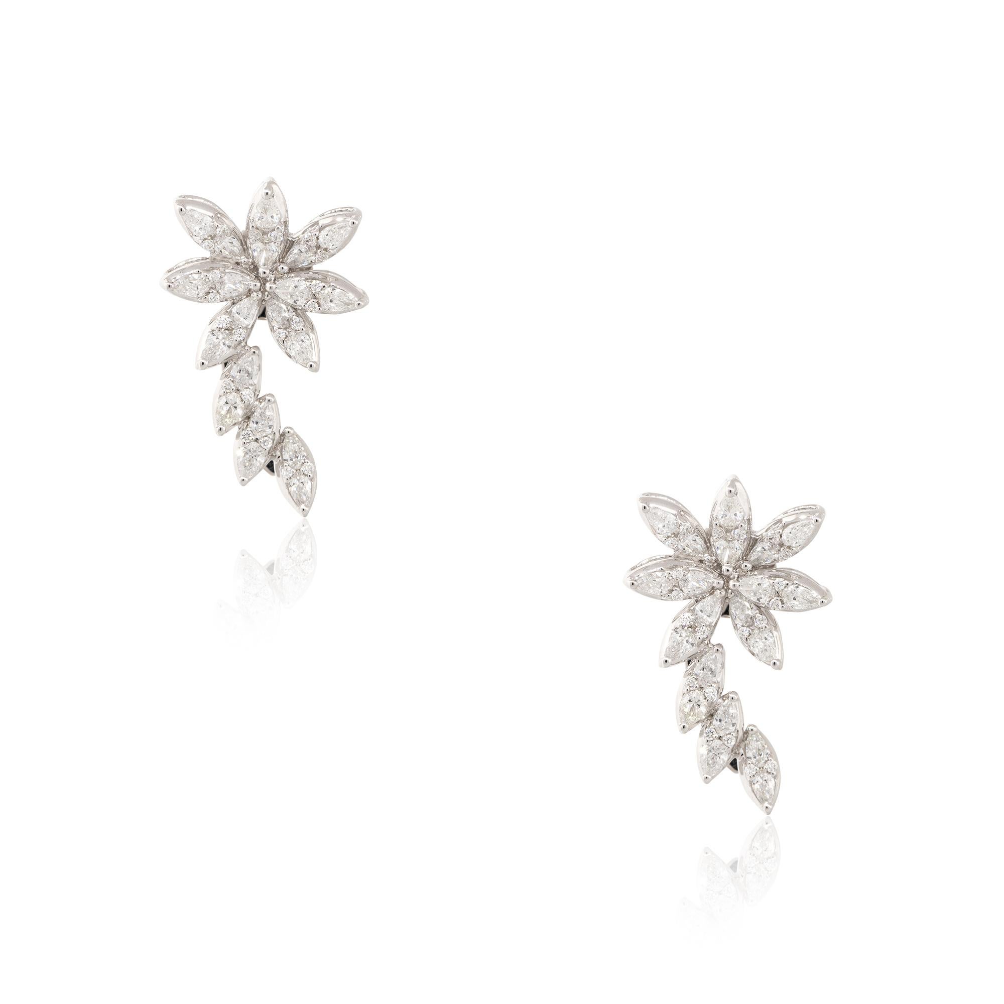 Pear Cut 2.14 Carat Diamond Flower Crawler Earrings 18 Karat in Stock For Sale