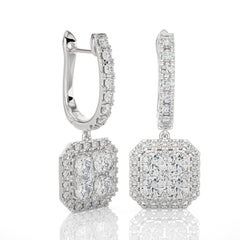 2.14 Carat Diamond Moonlight Cushion Cluster Earring in 14K White Gold