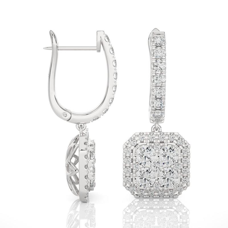 Modern 2.14 Carat Diamond Moonlight Cushion Cluster Earring in 14K White Gold For Sale