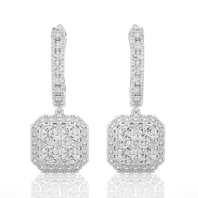 2,14 Karat Diamant-Mondlicht-Cluster-Ohrring mit Kissenschliff aus 14K Weißgold (Rundschliff) im Angebot
