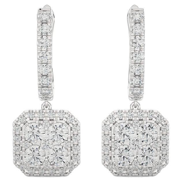 2.14 Carat Diamond Moonlight Cushion Cluster Earring in 14K White Gold For Sale
