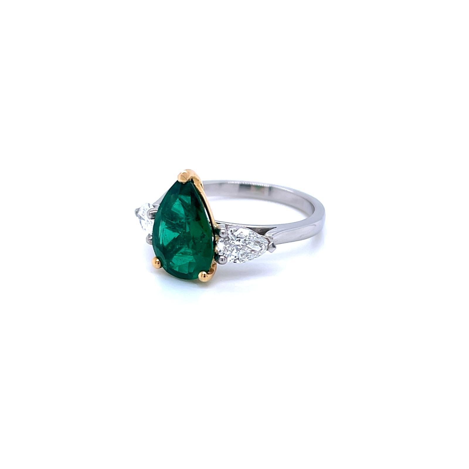 Pear Cut 2.14 Carat Emerald and Diamond Three Stone Platinum Ring For Sale