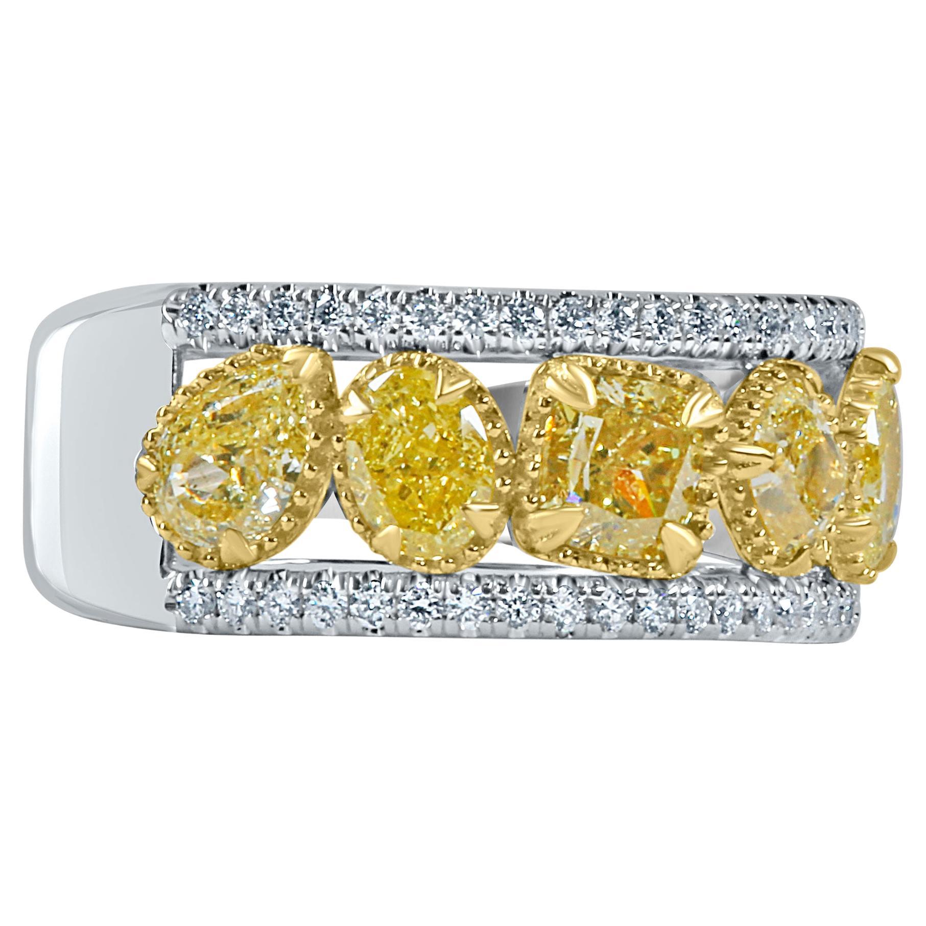 2.14 Carat Multi Shape Yellow Diamond Wedding Band 14K White Gold