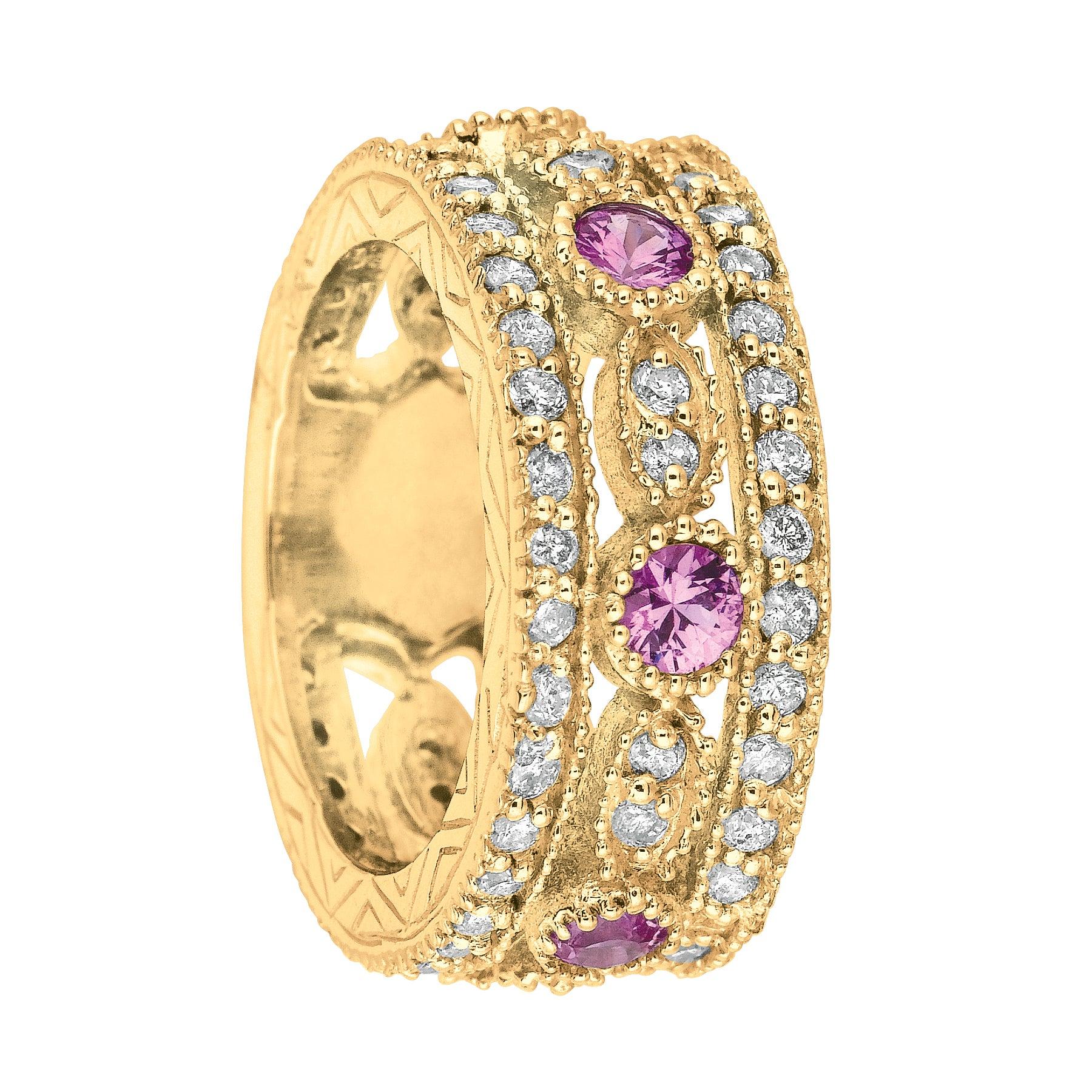 For Sale:  2.14 Carat Natural Pink Sapphire and Diamond Eternity Ring 14 Karat Yellow Gold 2