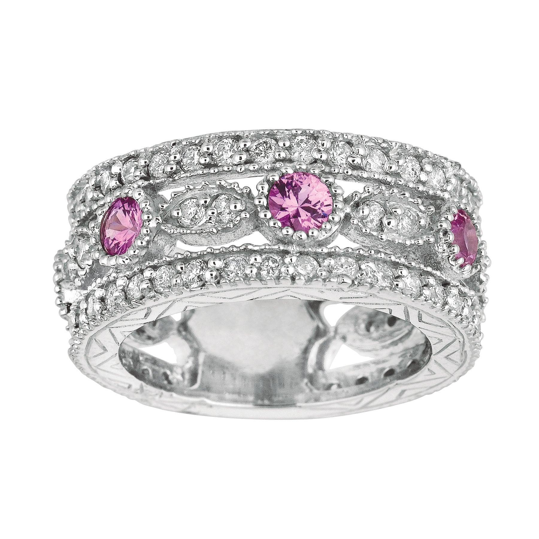 For Sale:  2.14 Carat Natural Pink Sapphire and Diamond Eternity Ring 14 Karat Yellow Gold 3