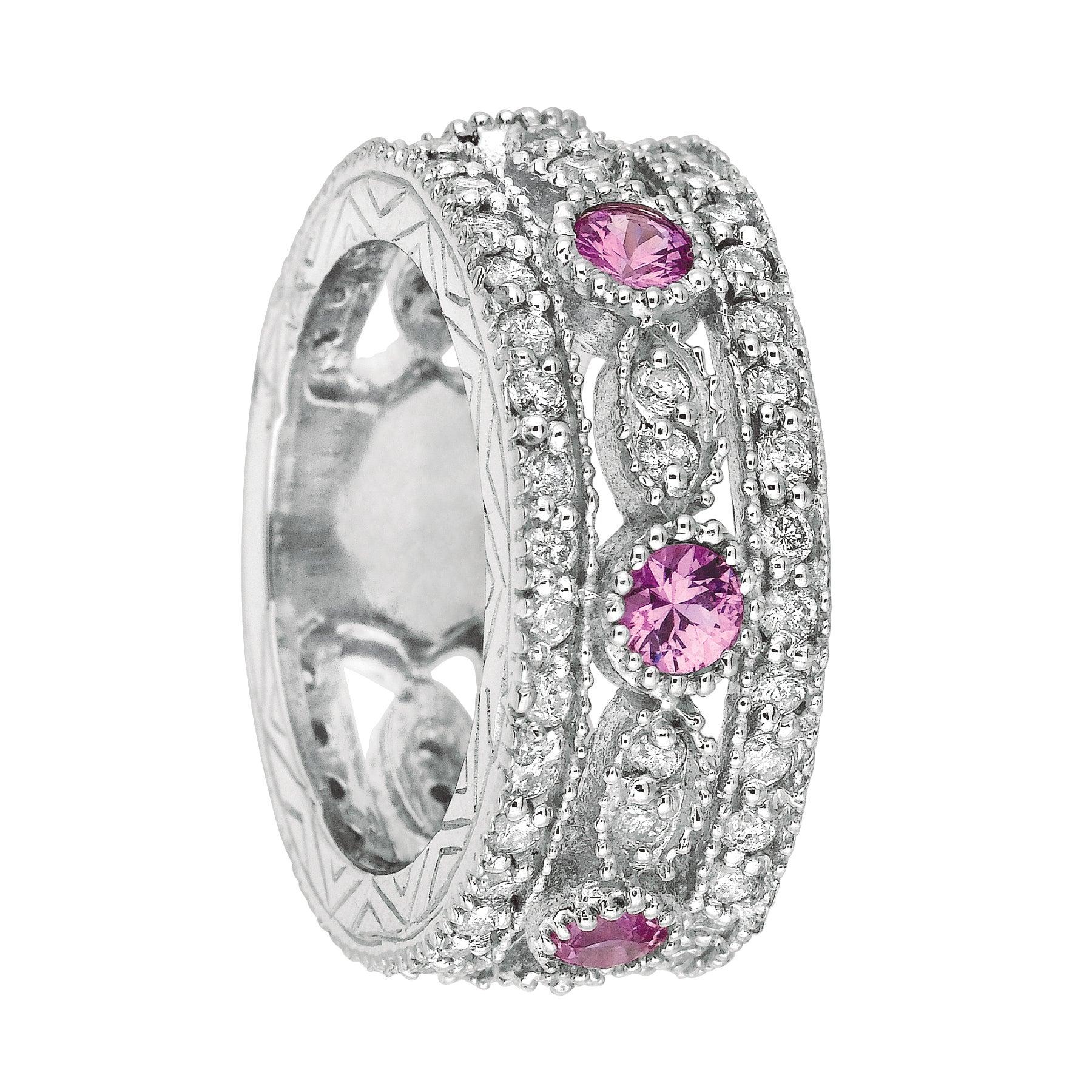 For Sale:  2.14 Carat Natural Pink Sapphire and Diamond Eternity Ring 14 Karat Yellow Gold 4