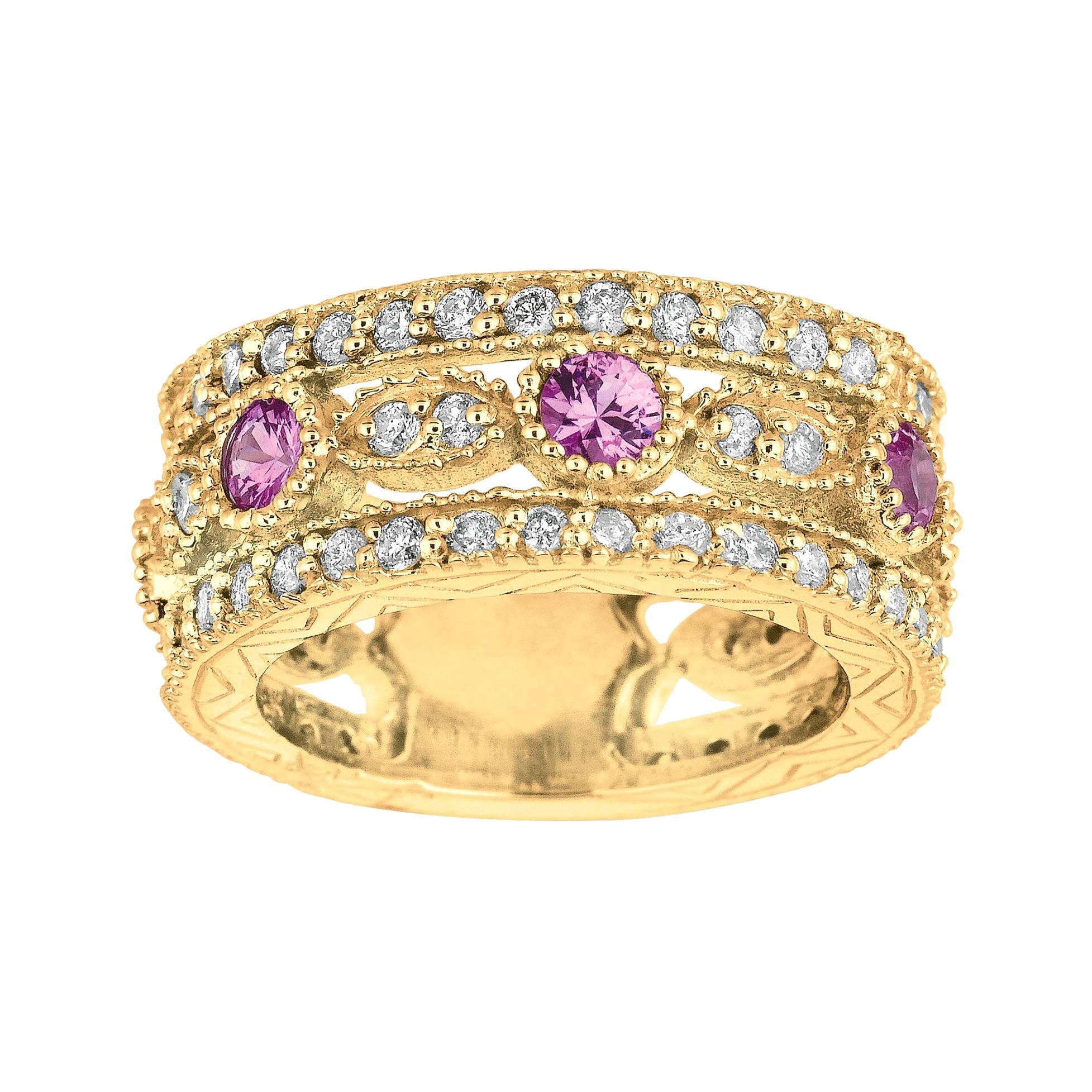 For Sale:  2.14 Carat Natural Pink Sapphire and Diamond Eternity Ring 14 Karat Yellow Gold