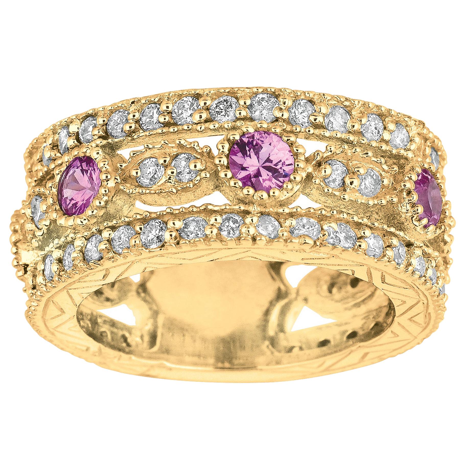 2.14 Carat Natural Pink Sapphire and Diamond Eternity Ring 14 Karat Yellow Gold For Sale