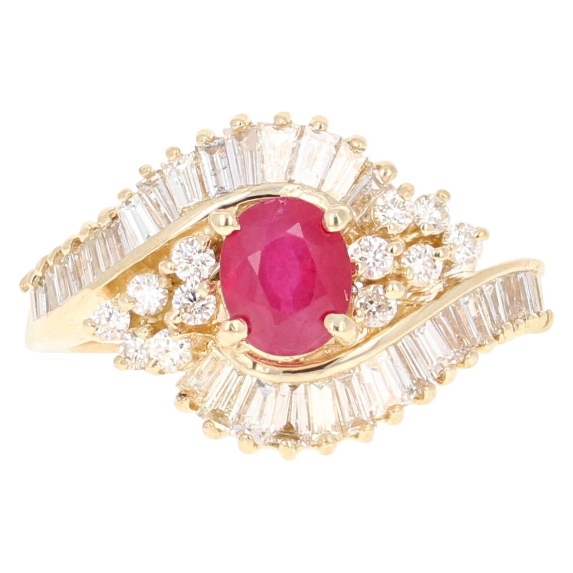 Anillo en racimo de bailarina de oro amarillo de 14 quilates con diamantes y rubíes naturales de 2,14 quilates en venta