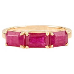 2.14 Carat Natural Ruby Three-Stone Band Ring for Her in 14K Solid Yellow Gold