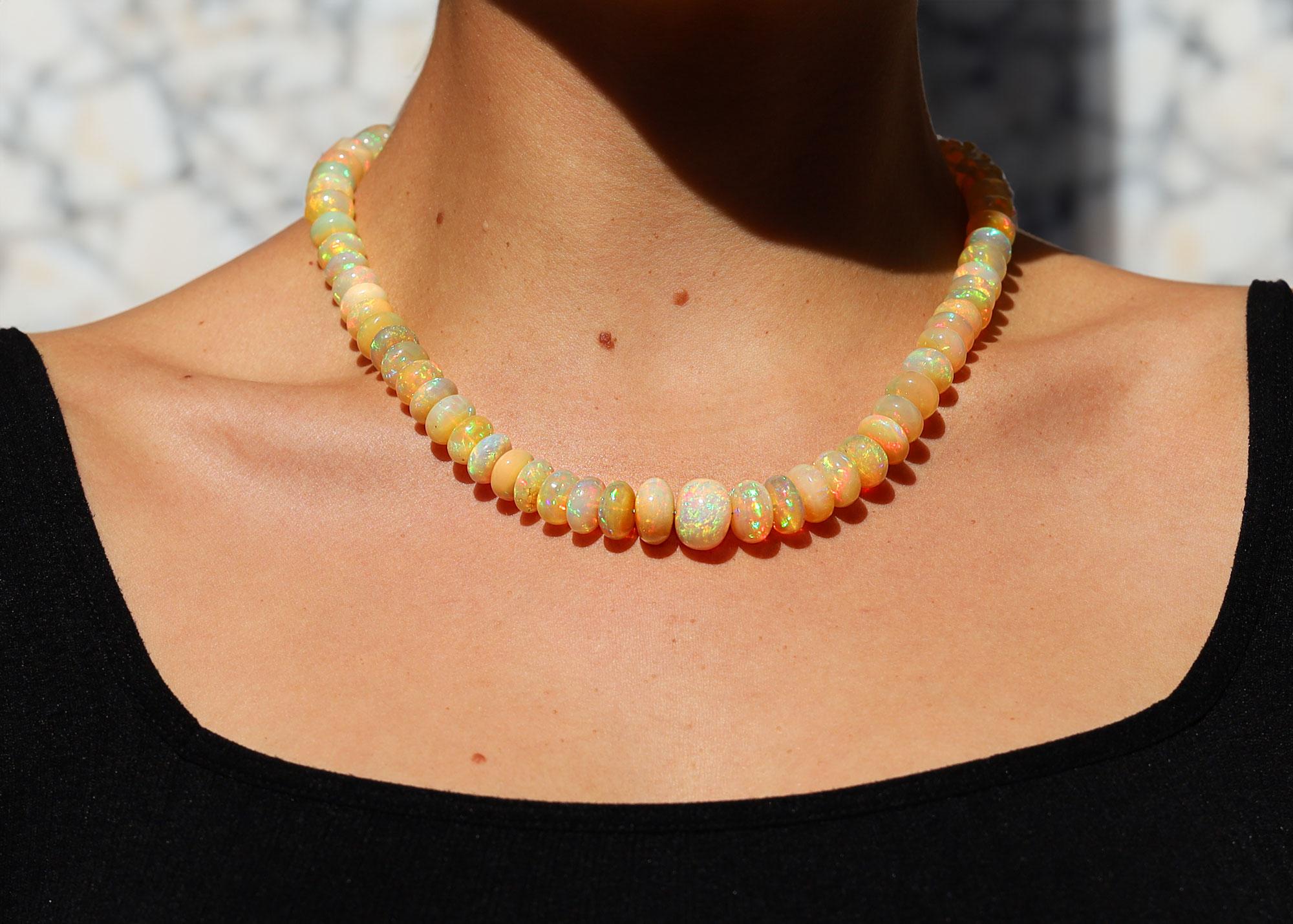 Artisan 214 Carat Opal Beads & Pavé Diamond Clasp Necklace For Sale