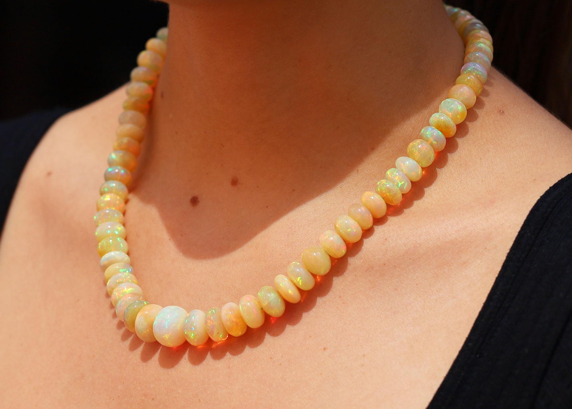 Cabochon 214 Carat Opal Beads & Pavé Diamond Clasp Necklace For Sale