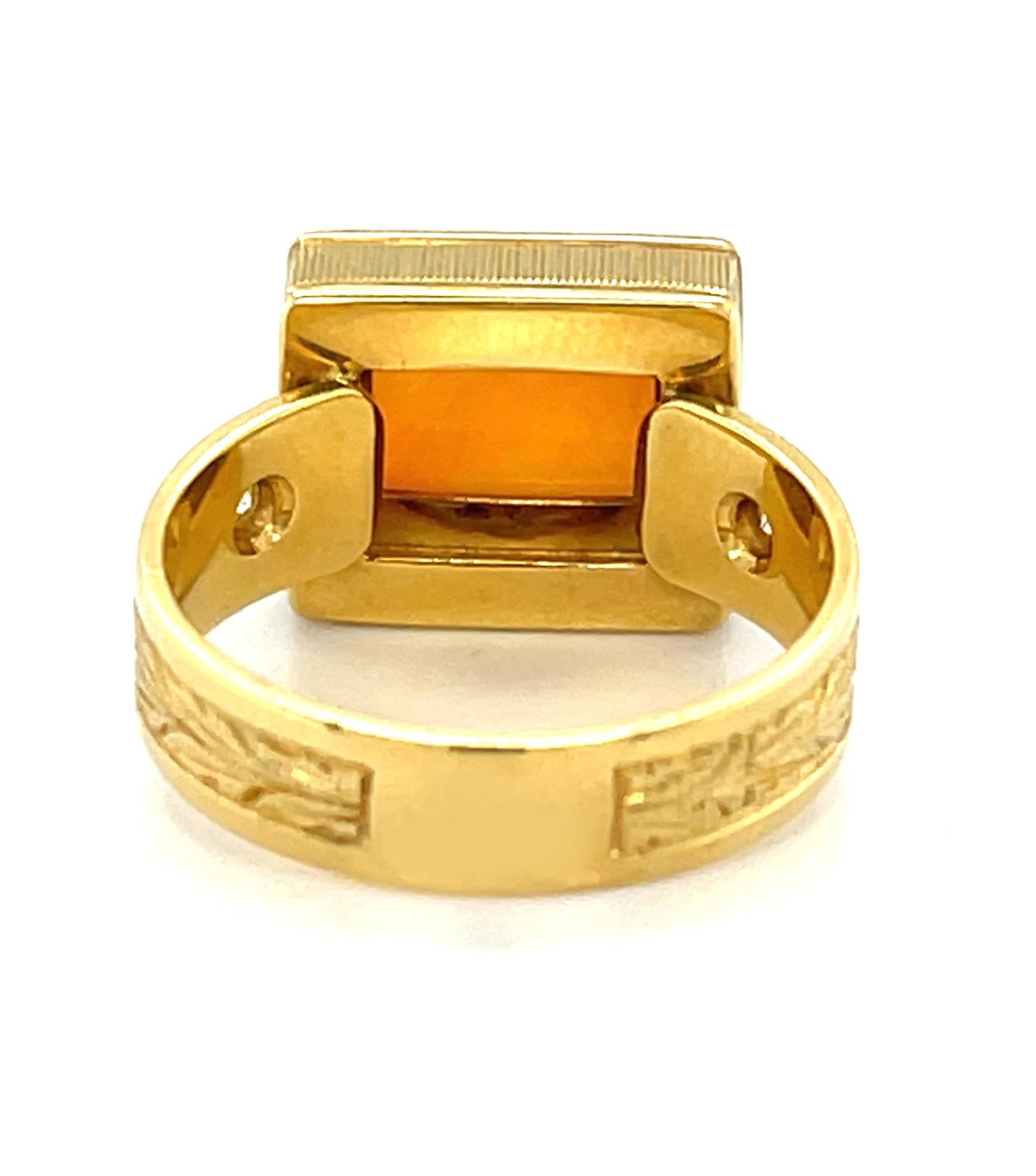 Artisan  2.14 Carat Opal Cushion and Diamond Hand-Engraved Band Ring in 18k Yellow Gold  For Sale
