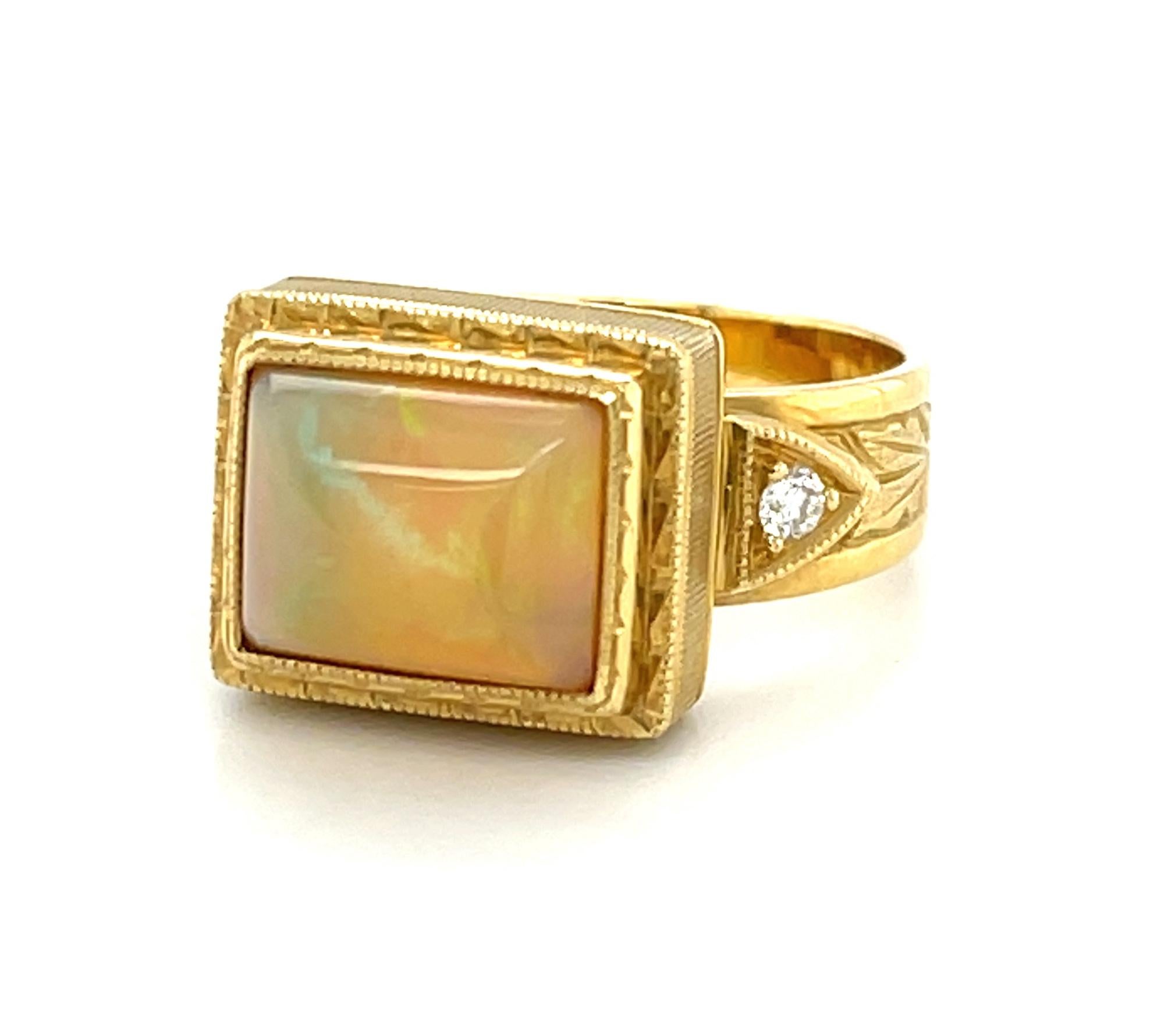  2.14 Carat Opal Cushion and Diamond Hand-Engraved Band Ring in 18k Yellow Gold  In New Condition For Sale In Los Angeles, CA