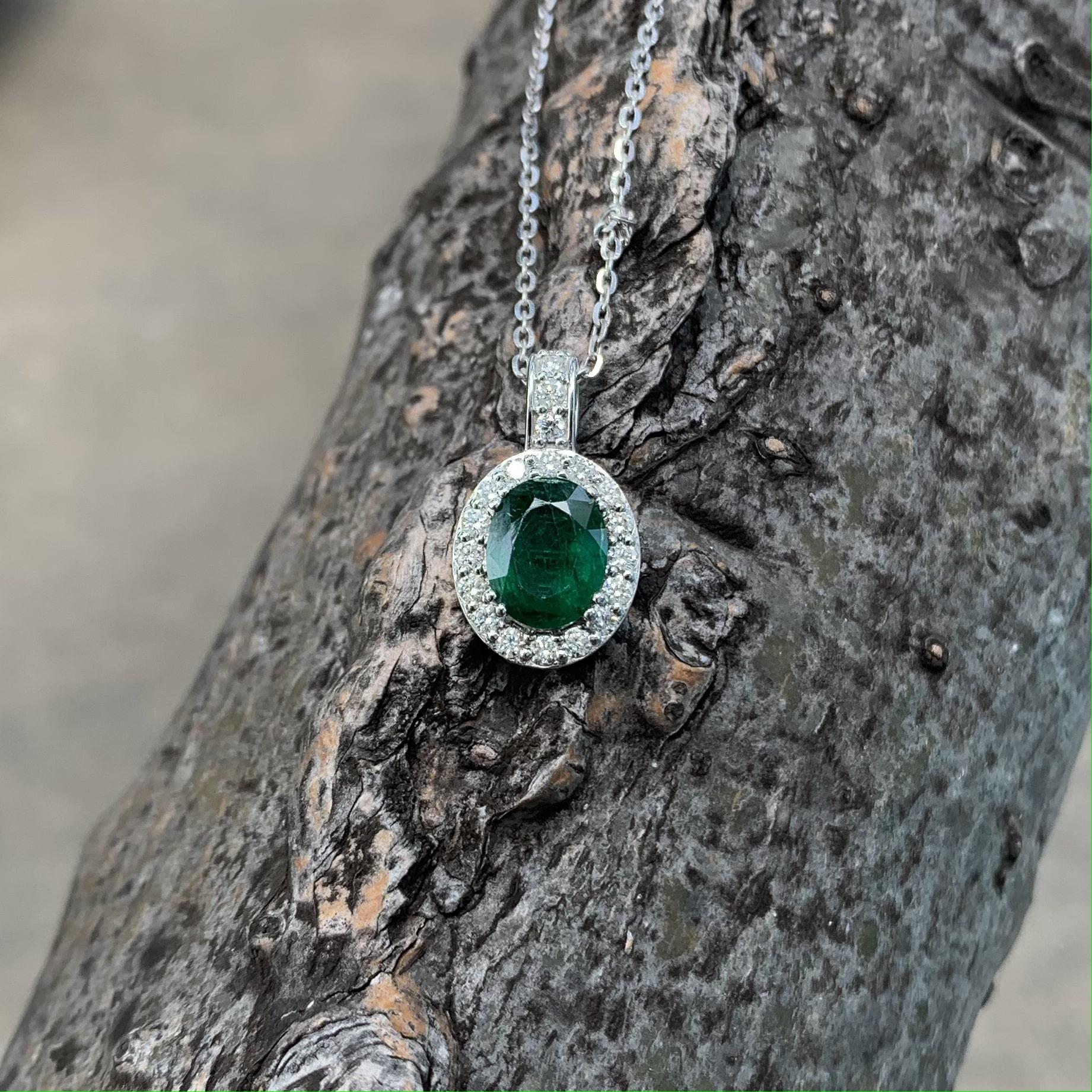 Modern 2.14 Ct Zambian Emerald Pendant with Halo Diamonds in 18K Gold