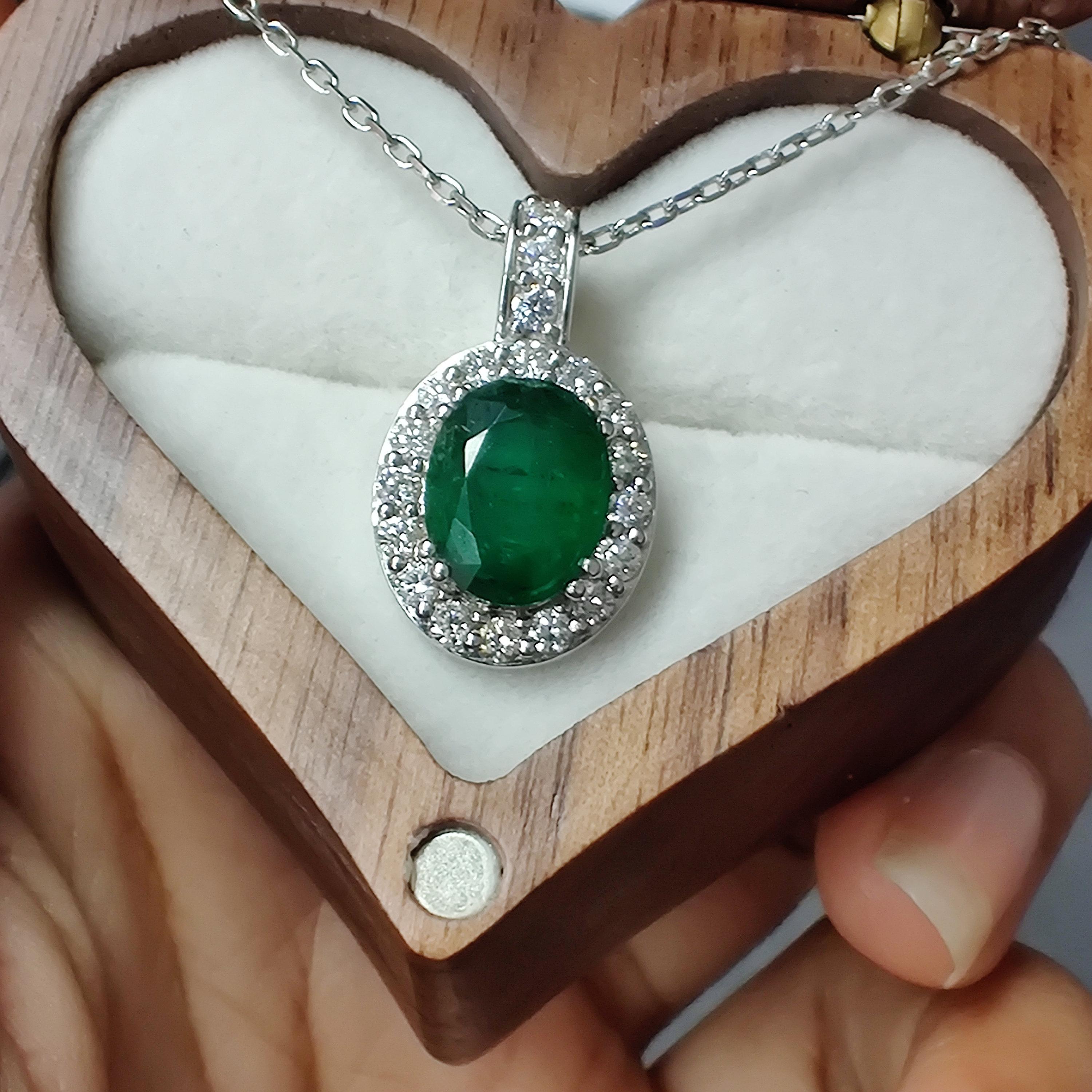 2.14 Ct Zambian Emerald Pendant with Halo Diamonds in 18K Gold 1