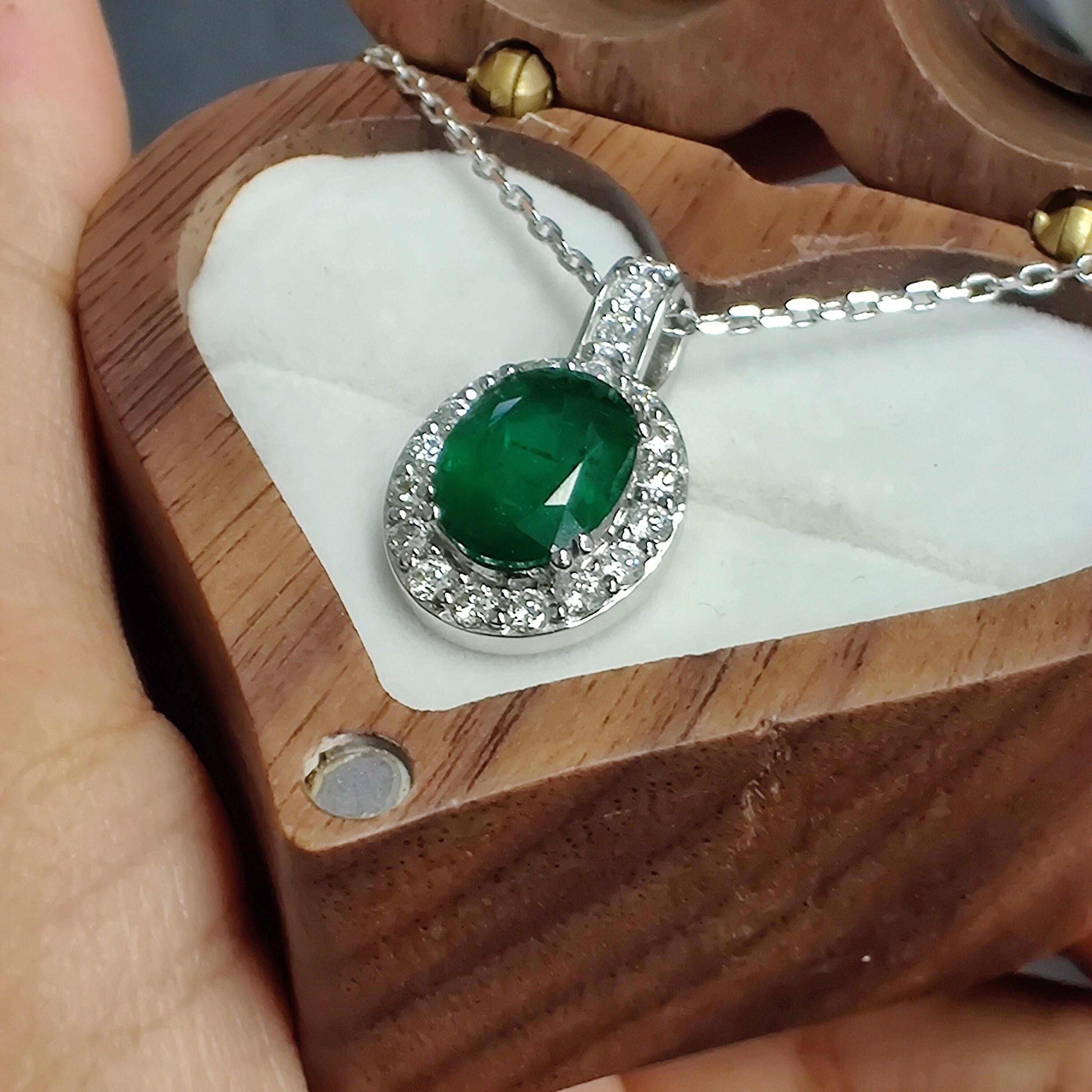 2.14 Ct Zambian Emerald Pendant with Halo Diamonds in 18K Gold 4