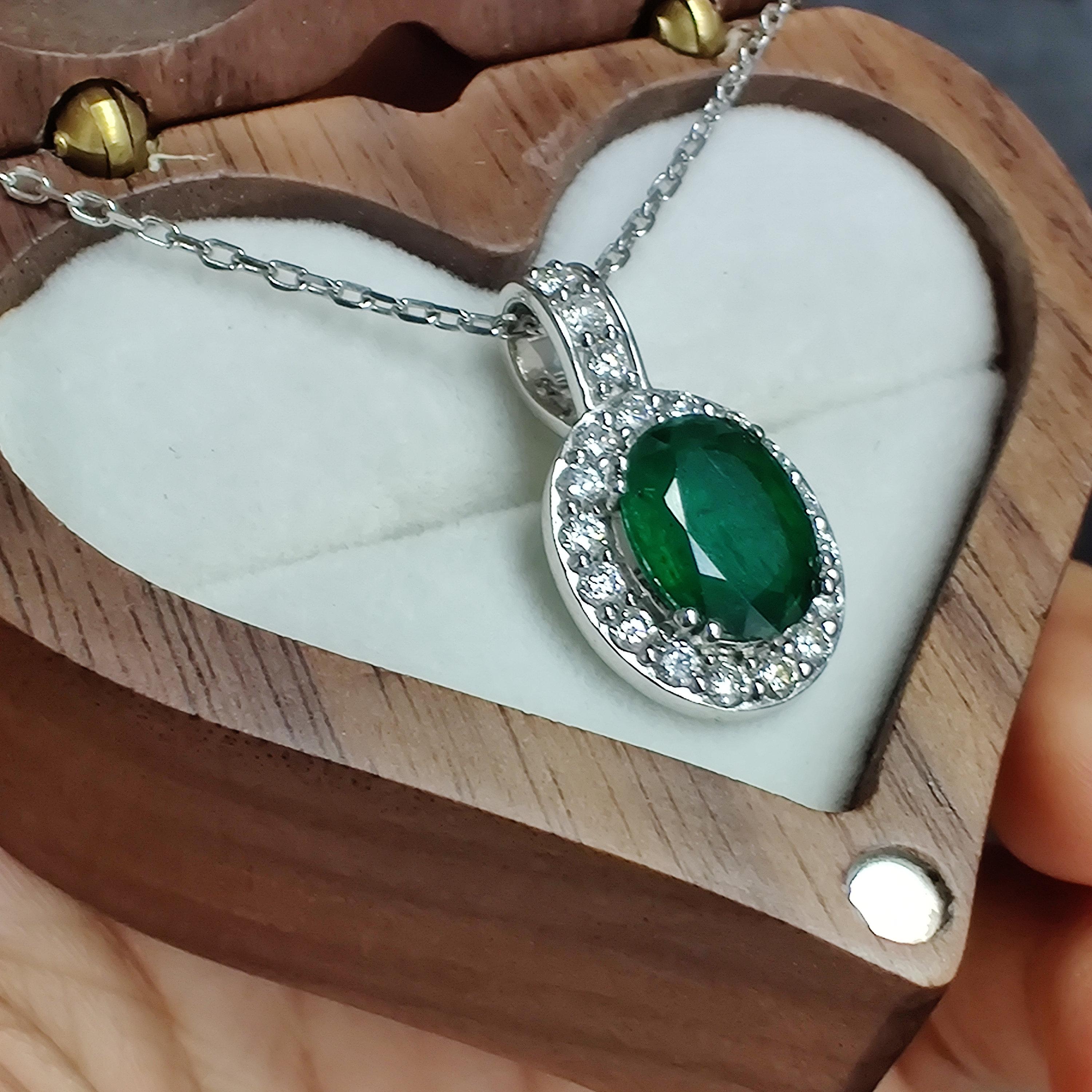 2.14 Ct Zambian Emerald Pendant with Halo Diamonds in 18K Gold 5