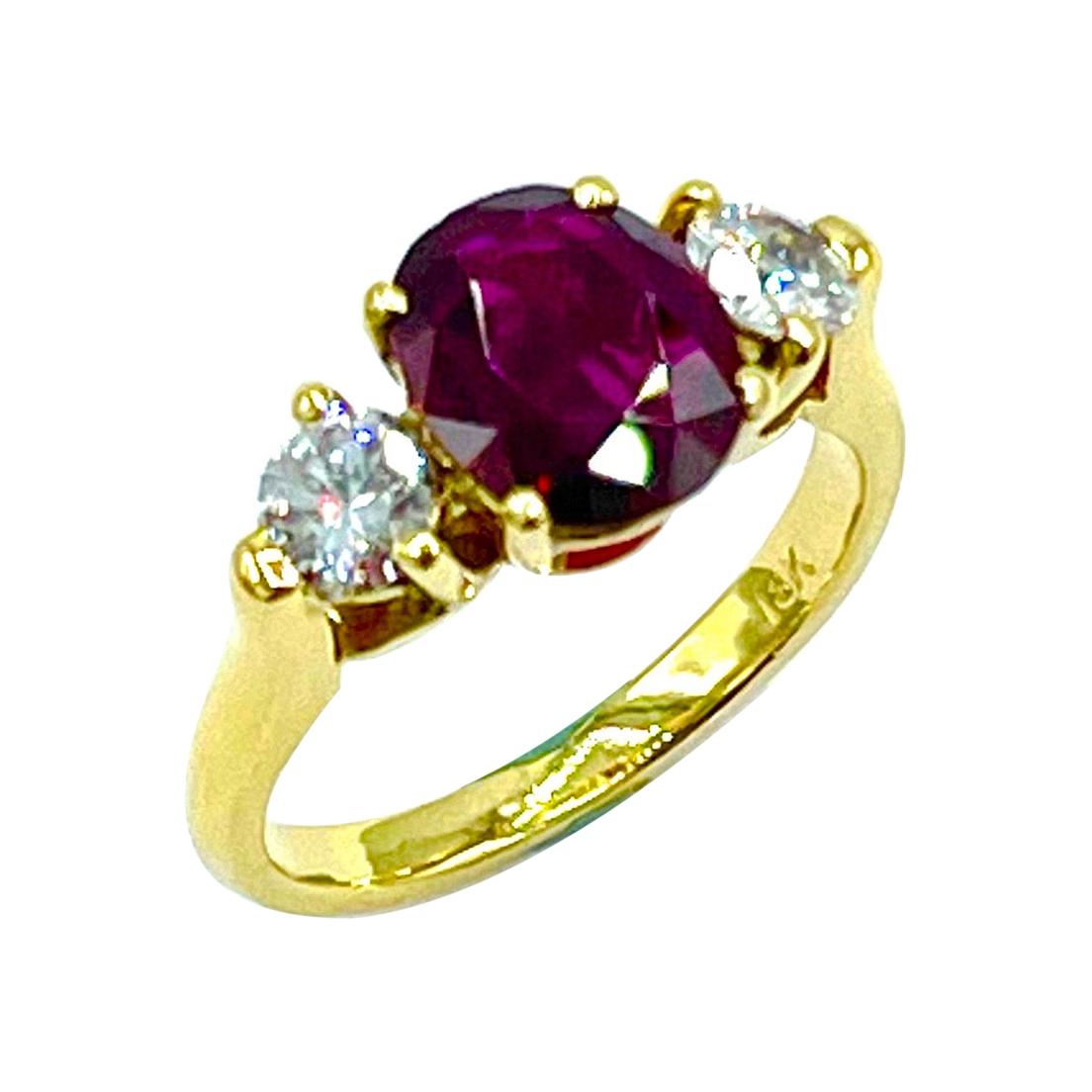 2.14 Carat Oval Ruby and Round Brilliant Diamond 18K Gold Ring
