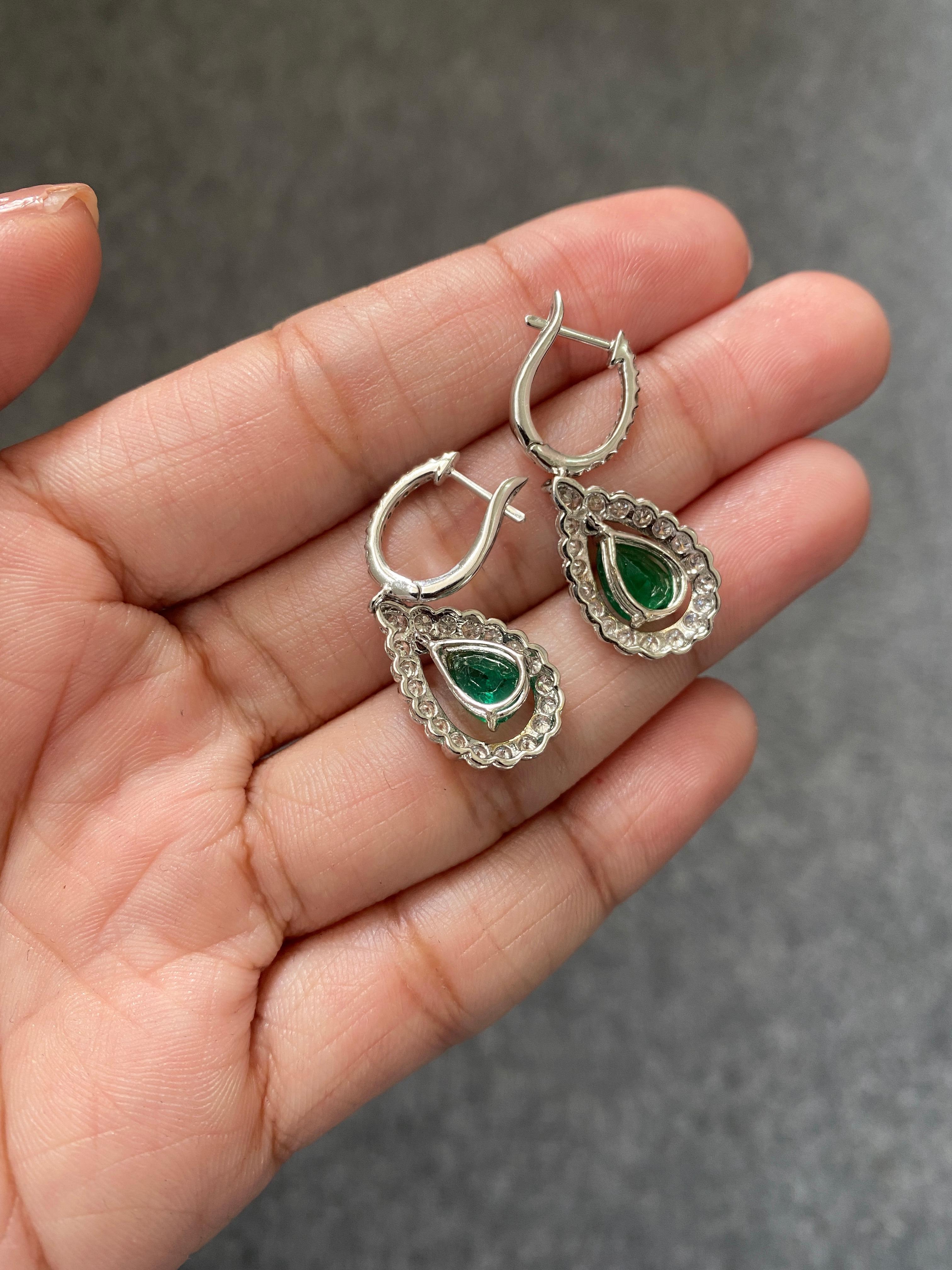Pear Cut 2.14 Carat Pear Shape Emerald and Diamond Dangling Earring For Sale