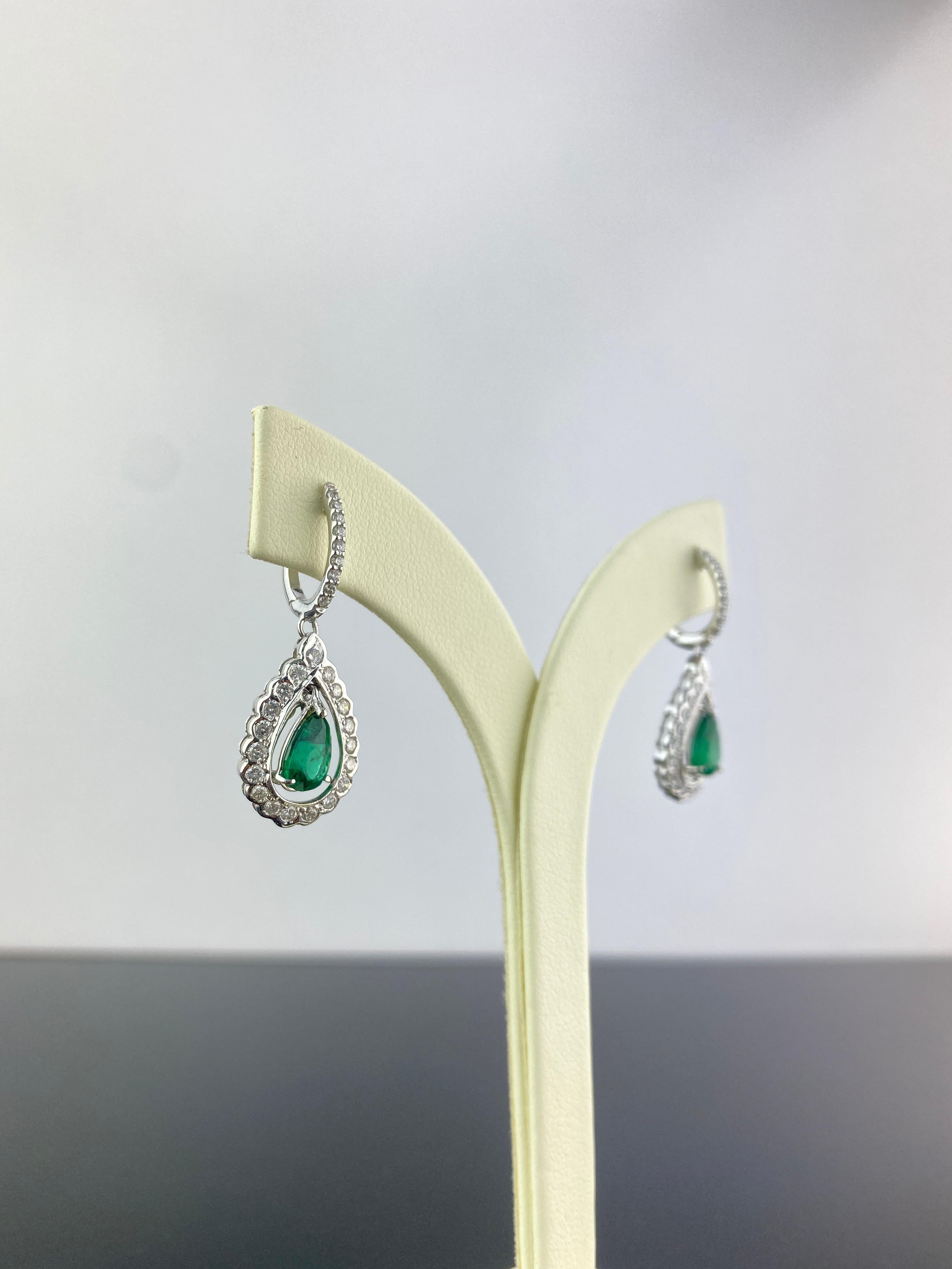 Women's 2.14 Carat Pear Shape Emerald and Diamond Dangling Earring For Sale