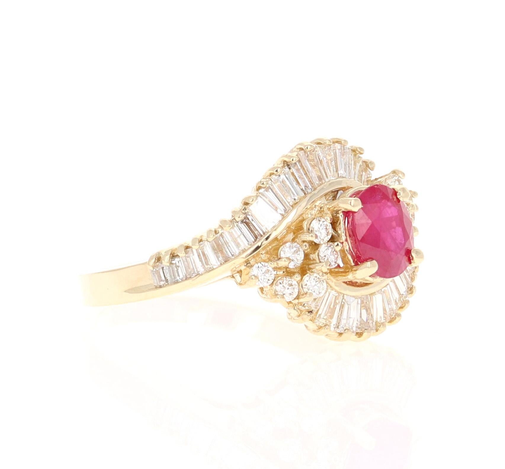 This gorgeous Ruby Diamond Ballerina Ring has round and baguette cut diamonds floating around the center Ruby just like a charming ballerina would! The Ruby is 1.00 Carat surrounded by 12 Round Cut Diamonds that weigh 0.22 Carats, and 32 Baguette