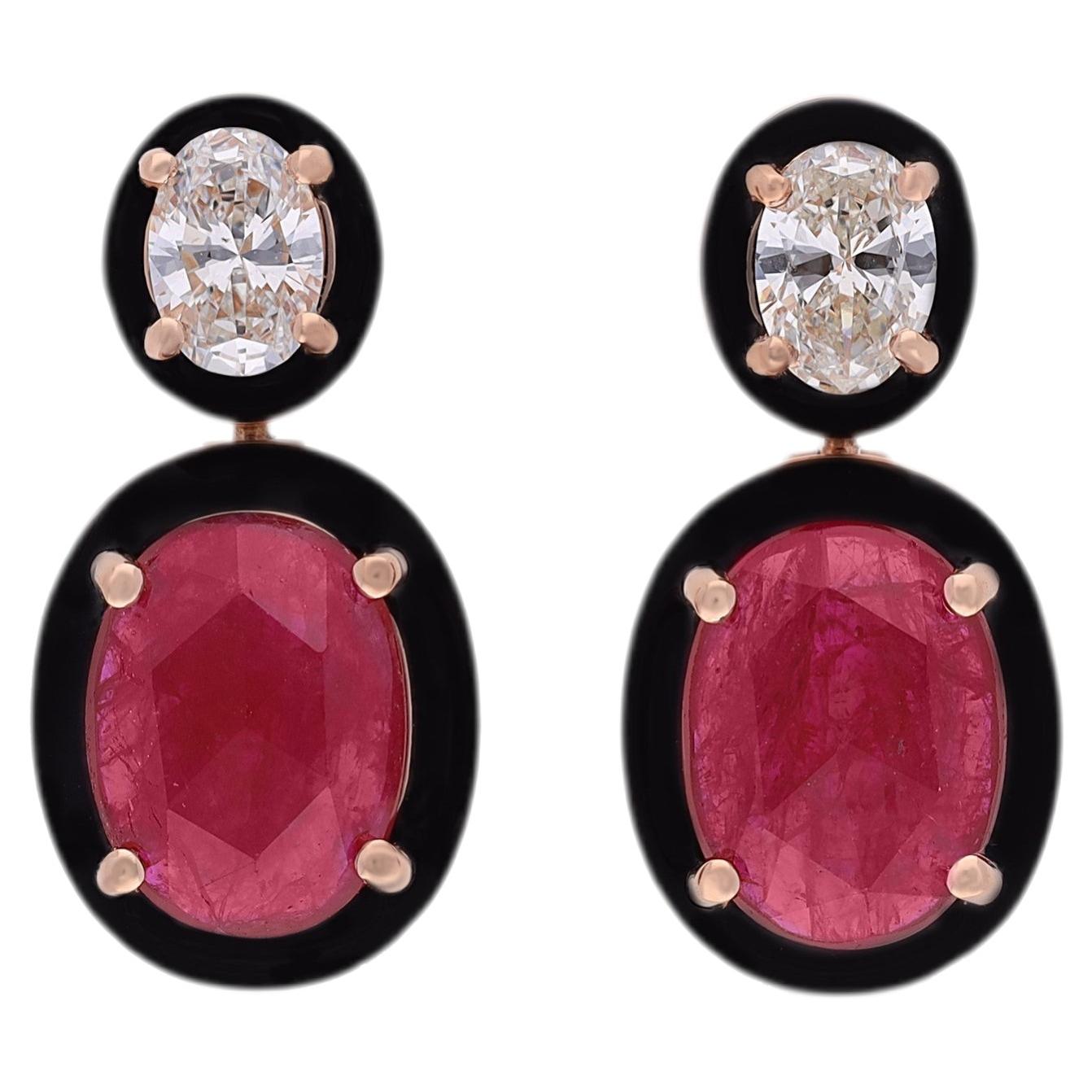 2.14 Carat Ruby, Diamond & Enamel Earrings in Yellow Gold
