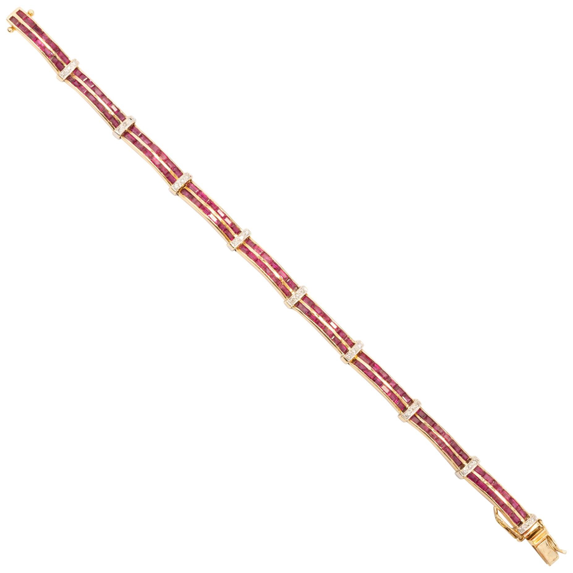 2.14 Carat Ruby Diamond Gold Bracelet For Sale