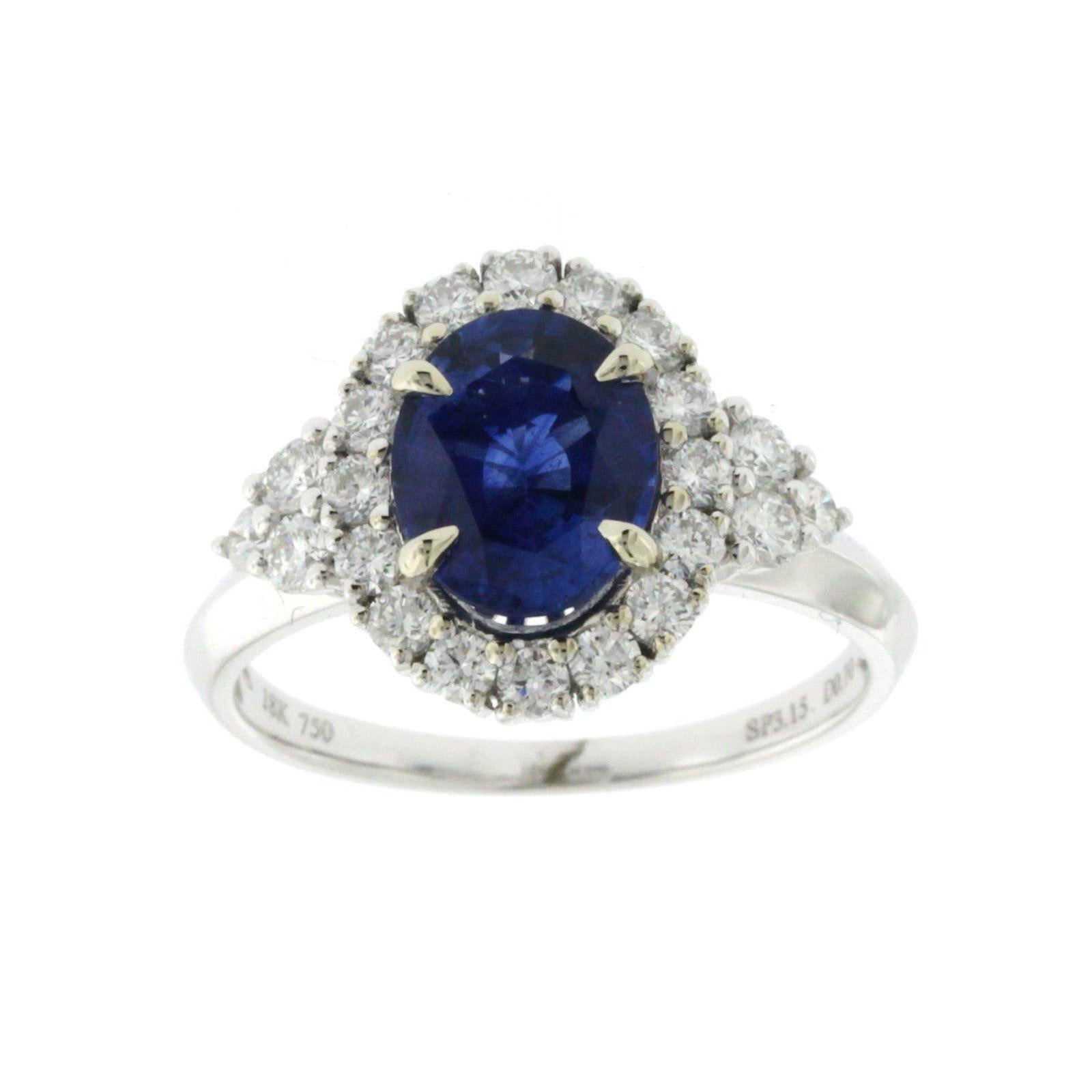 Top: 13.6 mm
Band Width: 1.5 mm
Metal: 18K White Gold 
Size: 6-8 ( Please message Us for your Size )
Hallmarks: 750
Total Weight: 4.4 Grams
Stone Type: 2.14 CT Natural Ceylon Sapphires & 0.89 G VS2 CT Diamonds
Condition: New
Estimated Retail Price:
