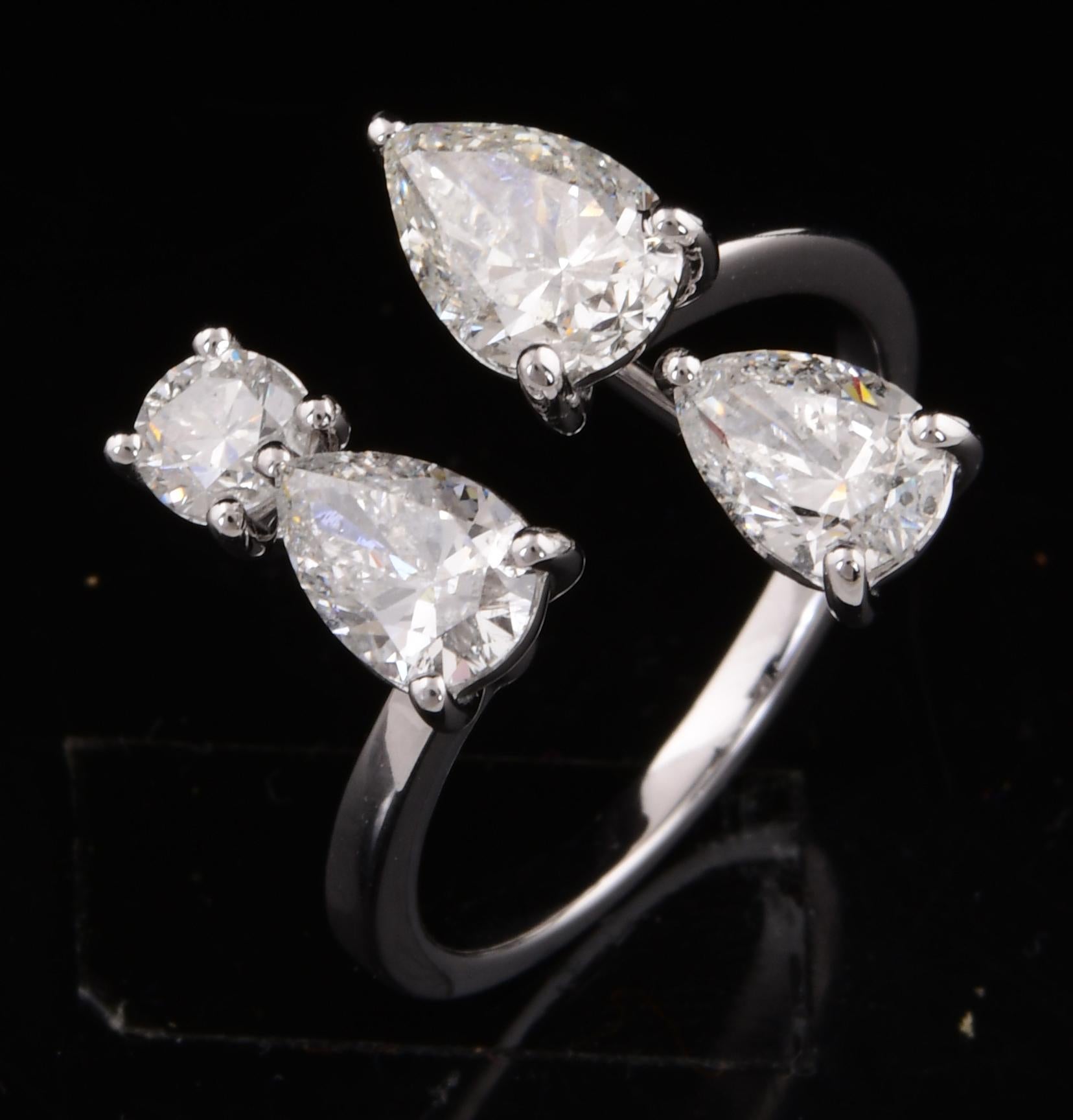 2.14 Ct. Round & Pear Diamond Cuff Ring 14 Karat White Gold Handmade Jewelry For Sale 1