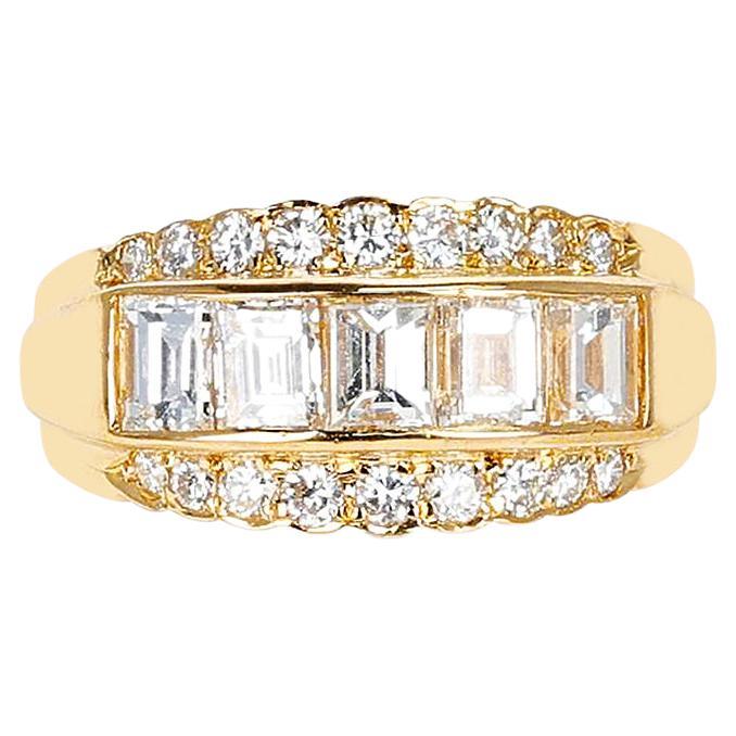 2.14 Cts. Five Rectangular Cut Diamond Band with Two Rows of Round Diamonds, 18K For Sale