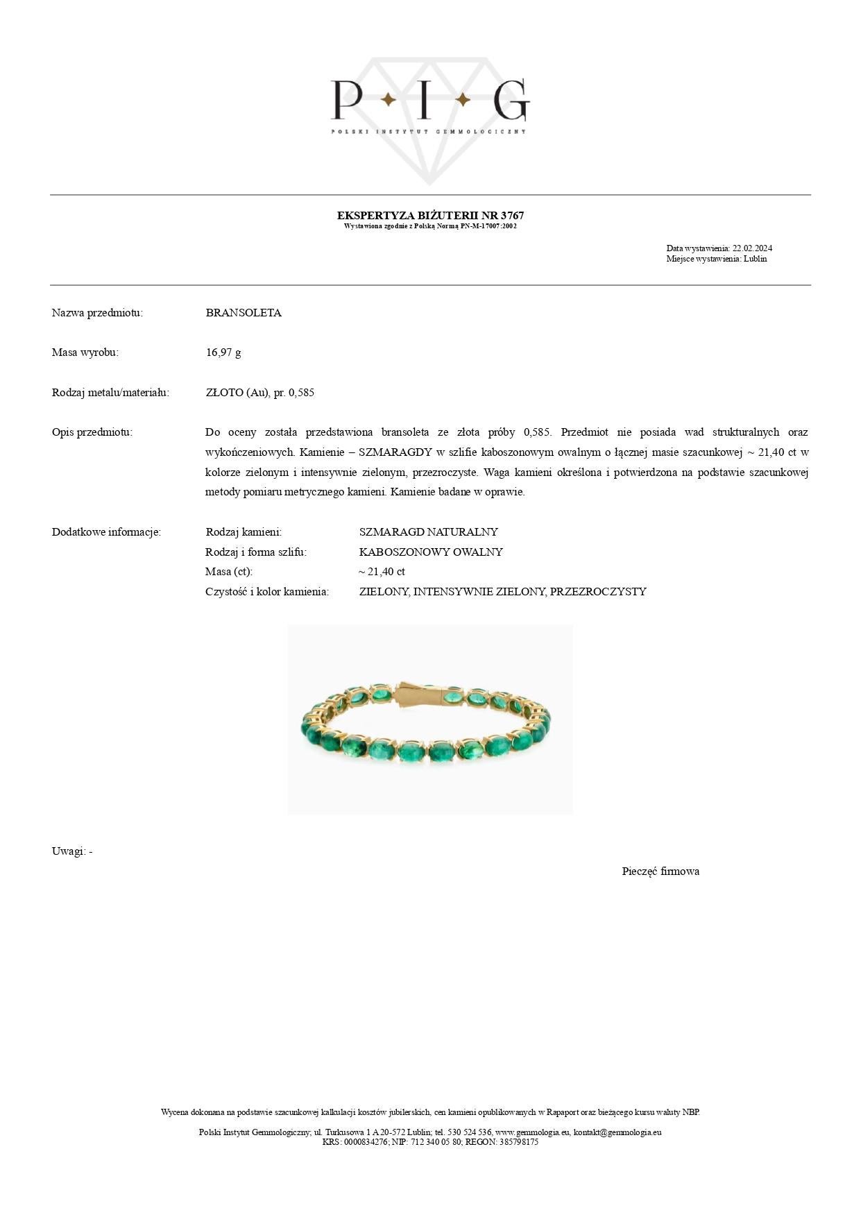 Bracelet de tennis en or jaune 14K avec émeraude de 21,40 carats Neuf - En vente à Warszawa, PL