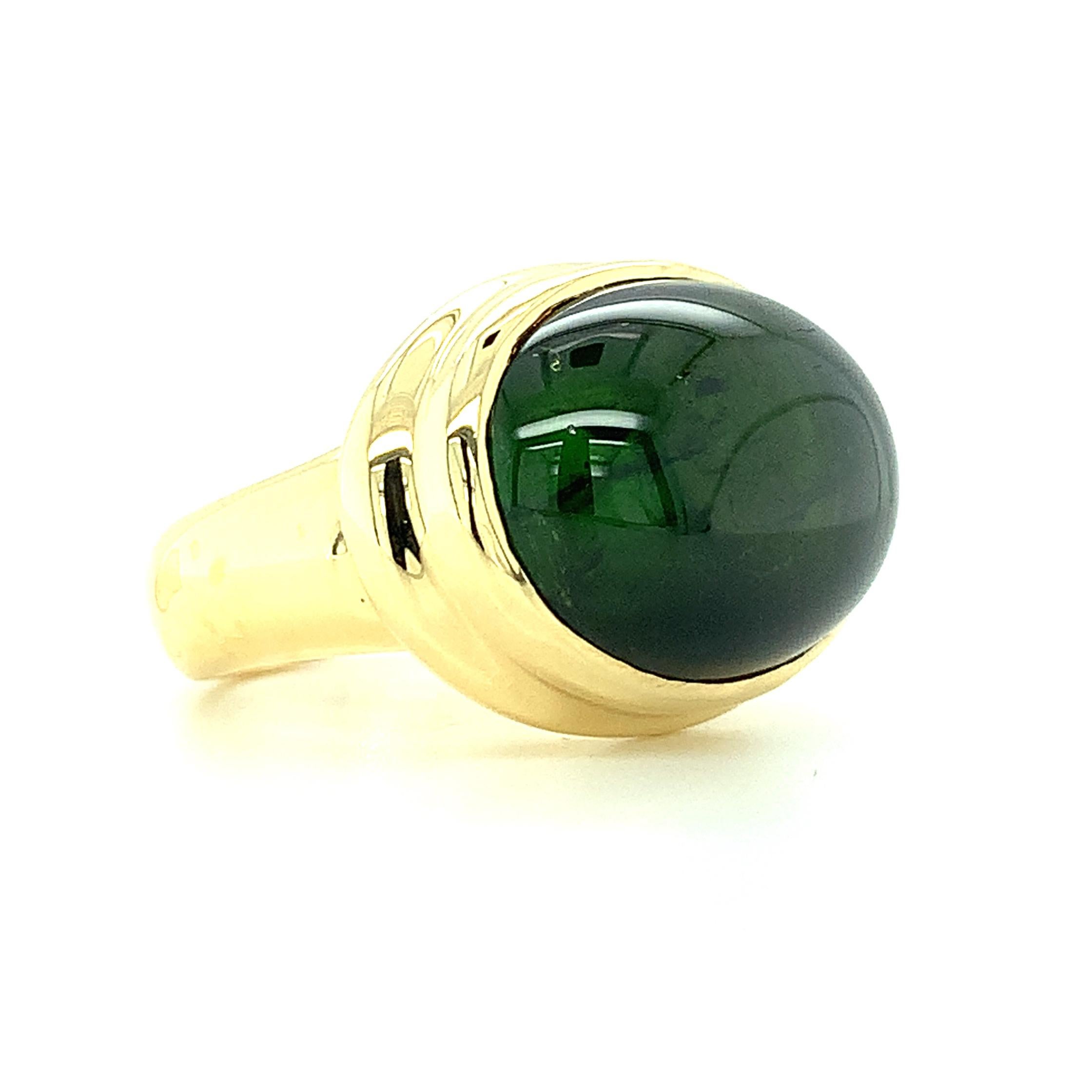 Artisan Green Tourmaline Cabochon and 18k Yellow Gold Bezel Ring,  21.40 Carats  For Sale