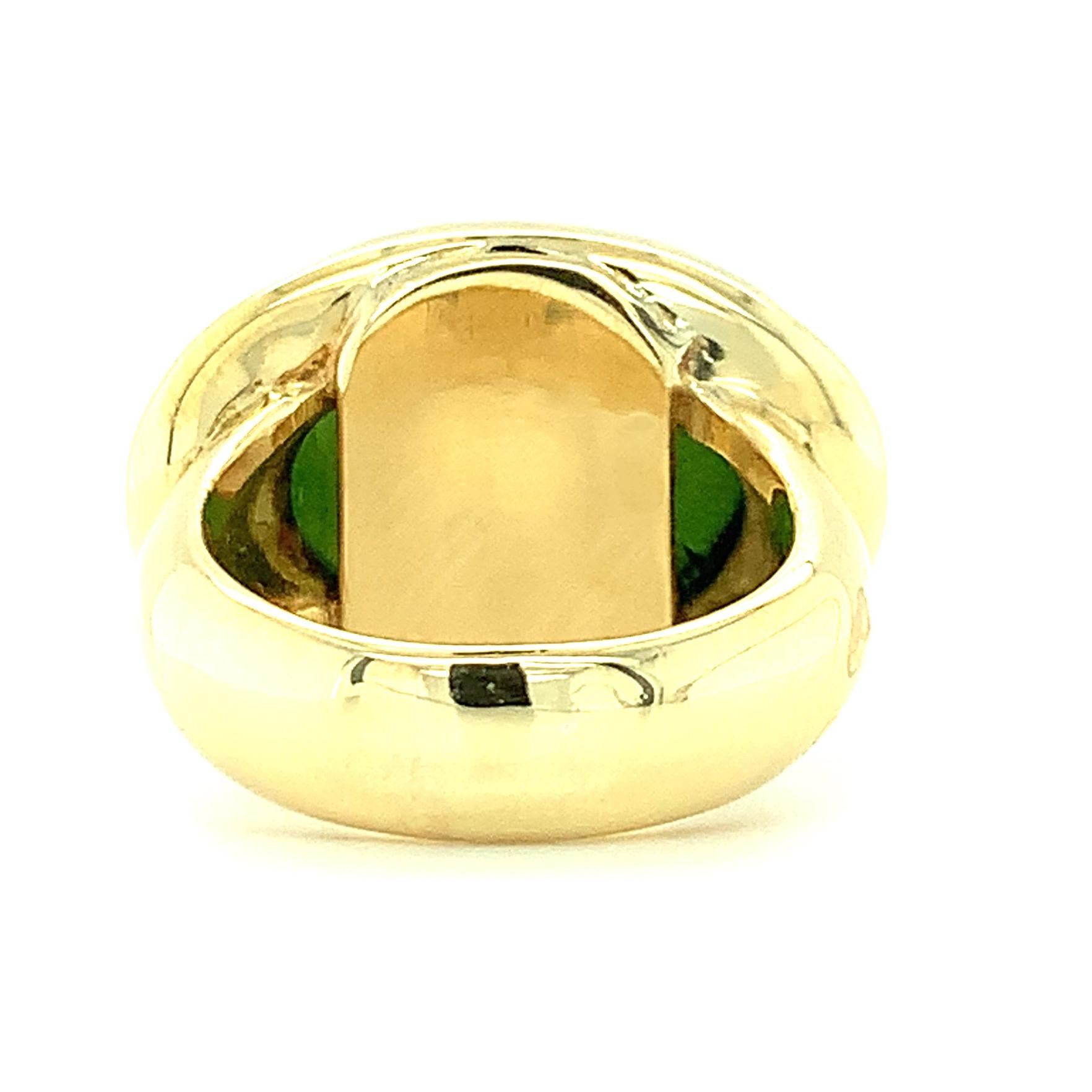 Green Tourmaline Cabochon and 18k Yellow Gold Bezel Ring,  21.40 Carats  For Sale 2