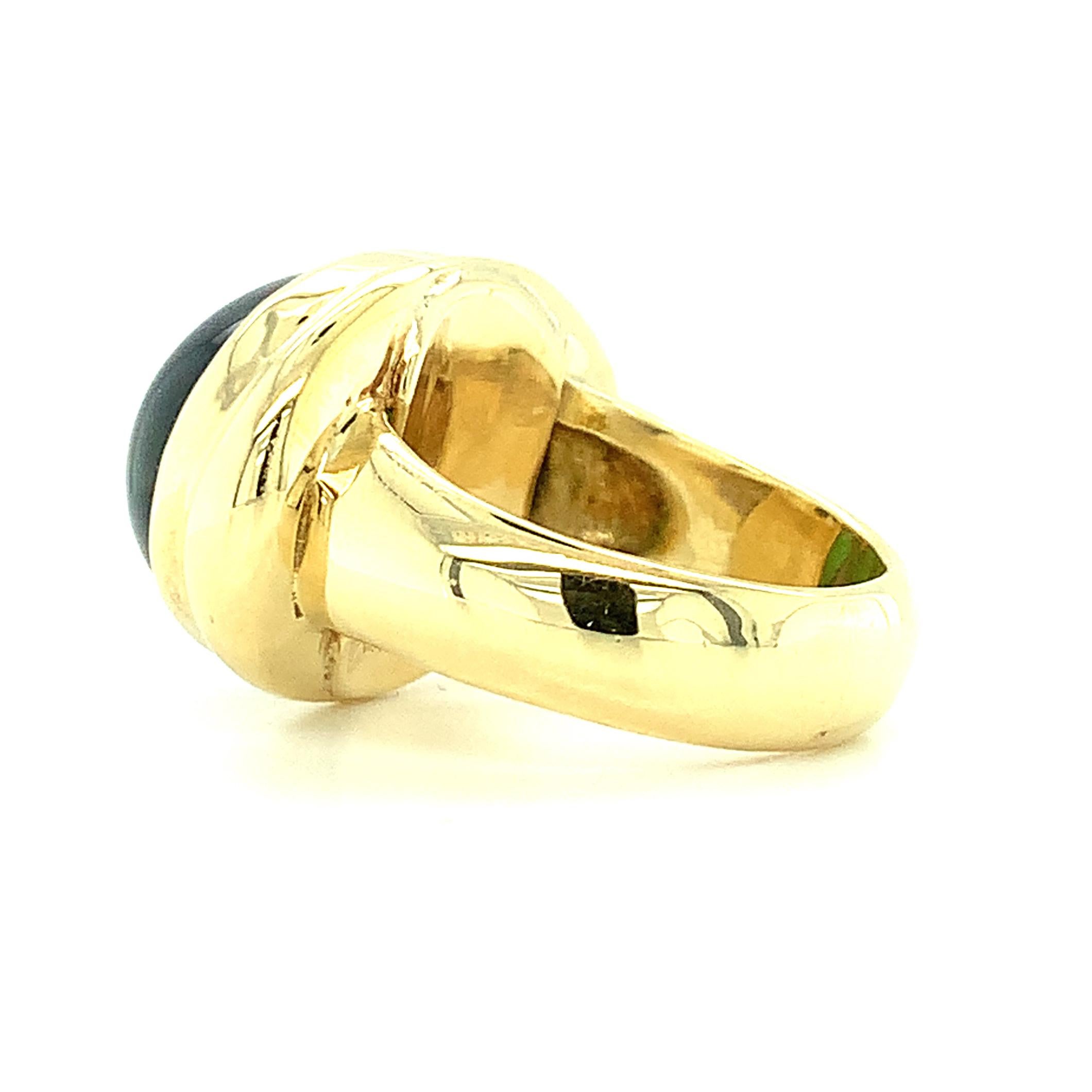 Green Tourmaline Cabochon and 18k Yellow Gold Bezel Ring,  21.40 Carats  For Sale 1