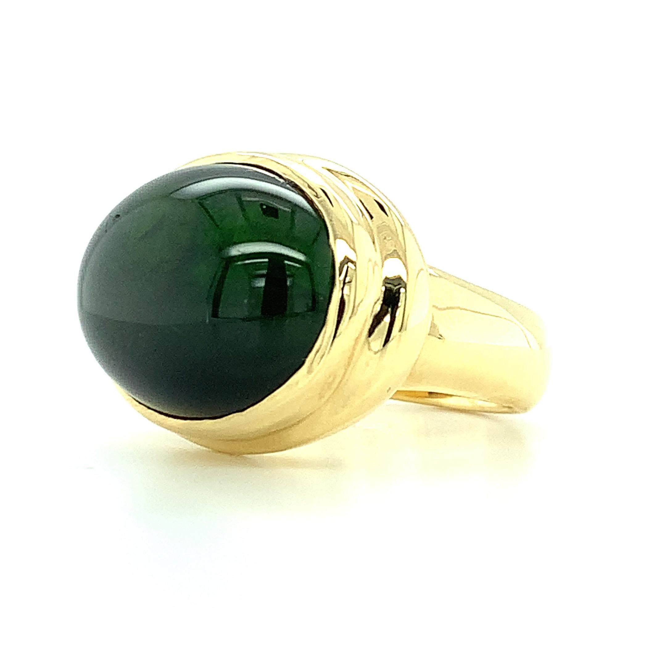 Green Tourmaline Cabochon and 18k Yellow Gold Bezel Ring,  21.40 Carats  In New Condition For Sale In Los Angeles, CA