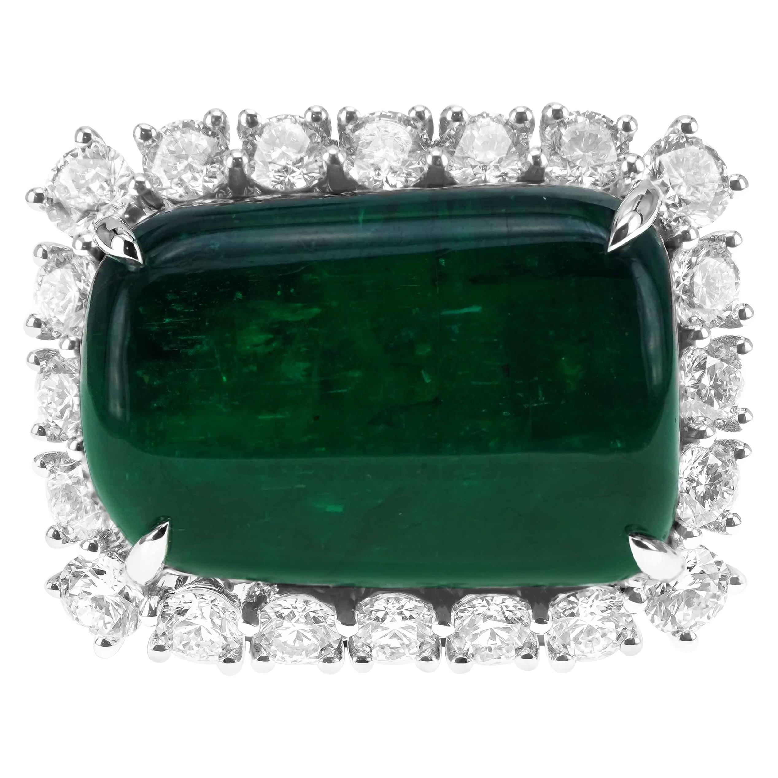 21.40 Carat Vivid Green Tumble Shaped Emerald 2.63 Carat Diamond Cocktail RIng