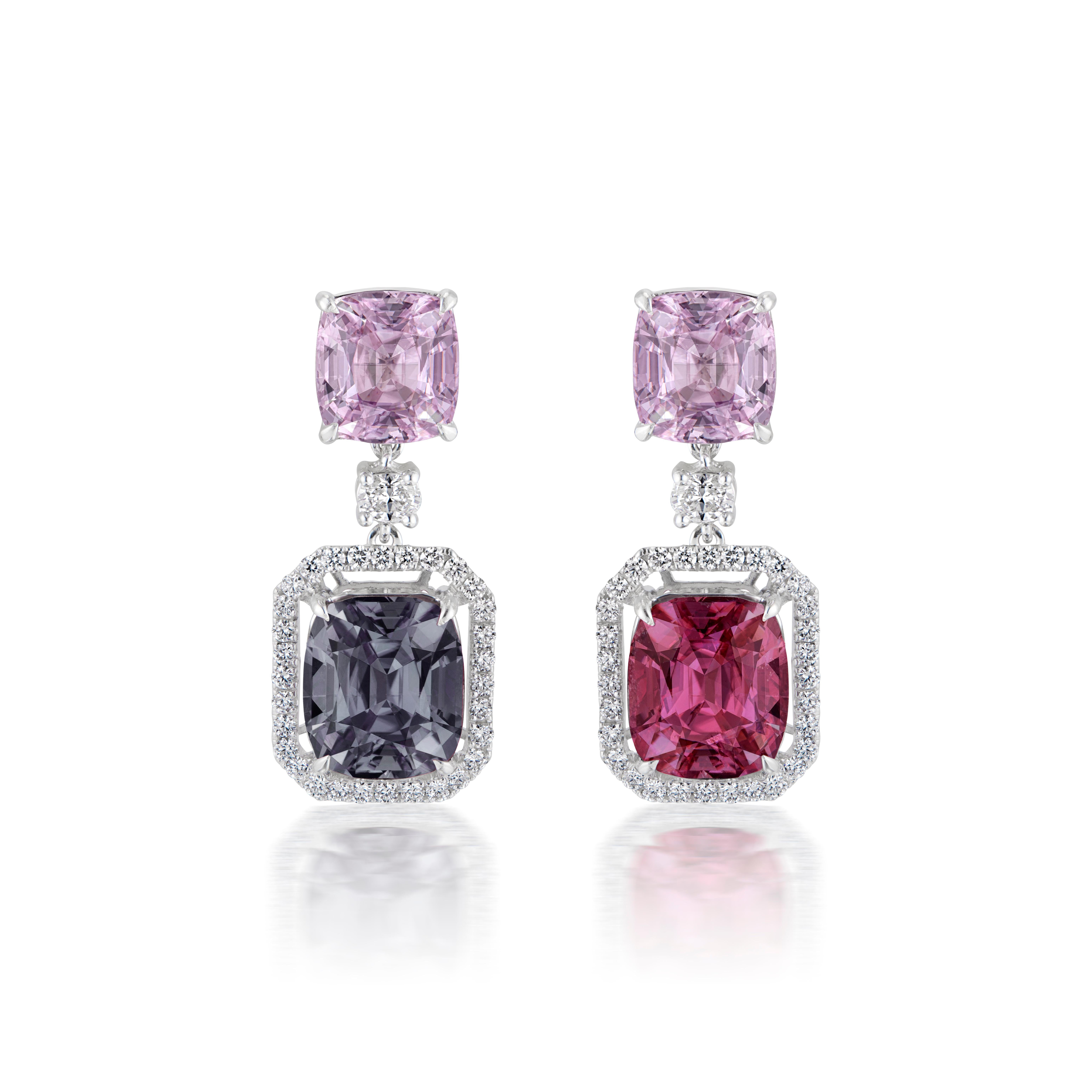 18K WHITE GOLD
61 ROUND DIAMONDS   0.70 CARATS
2 OVAL DIAMONDS   0.28 CARATS
4 BURMA SPINELS  21.40 CARATS 

Introducing our extraordinary Color Fusion Spinel Earrings, a celebration of bold and elegant color combinations. Crafted in 18k white gold,