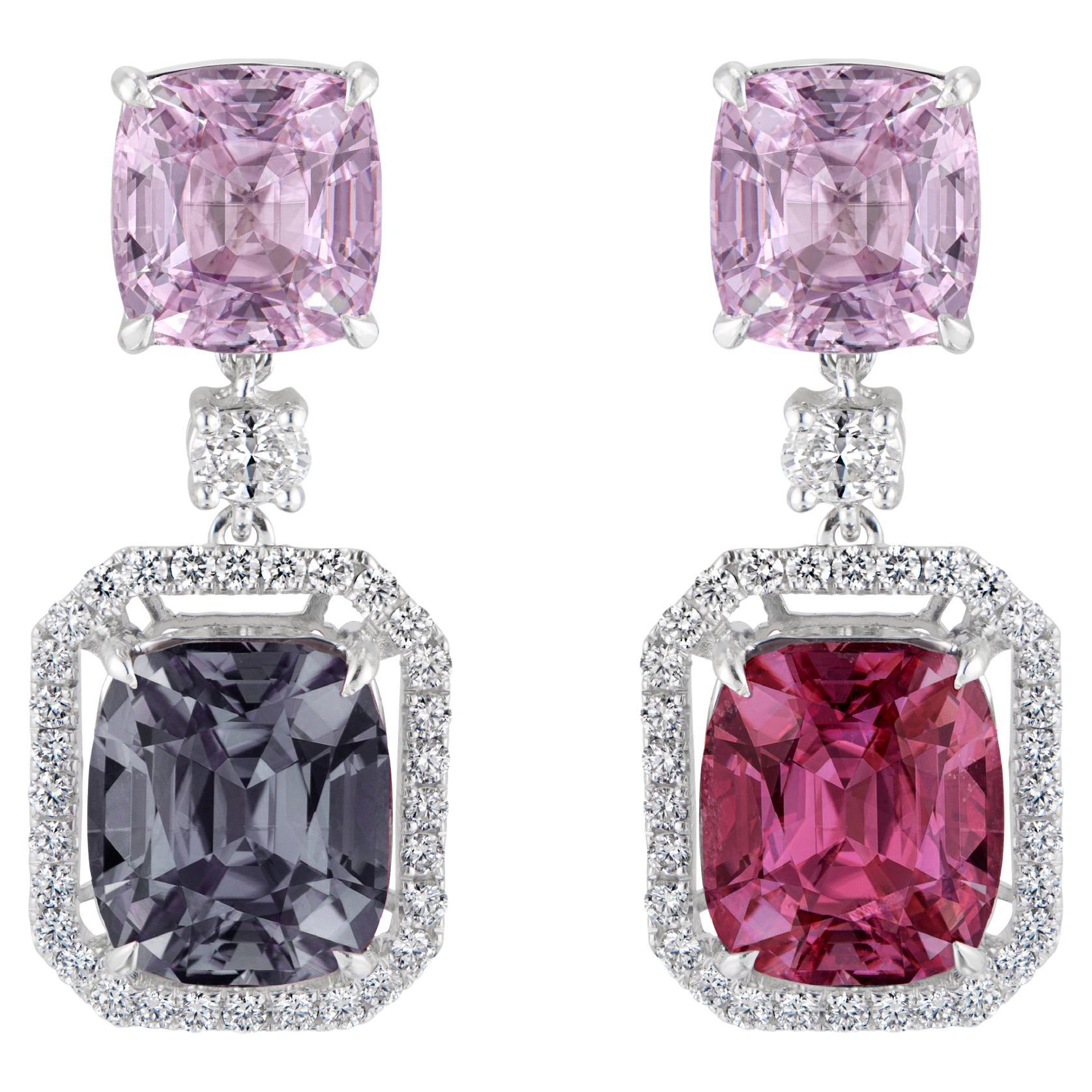21.40 Carats Burma Spinels and Diamond Earrings  For Sale