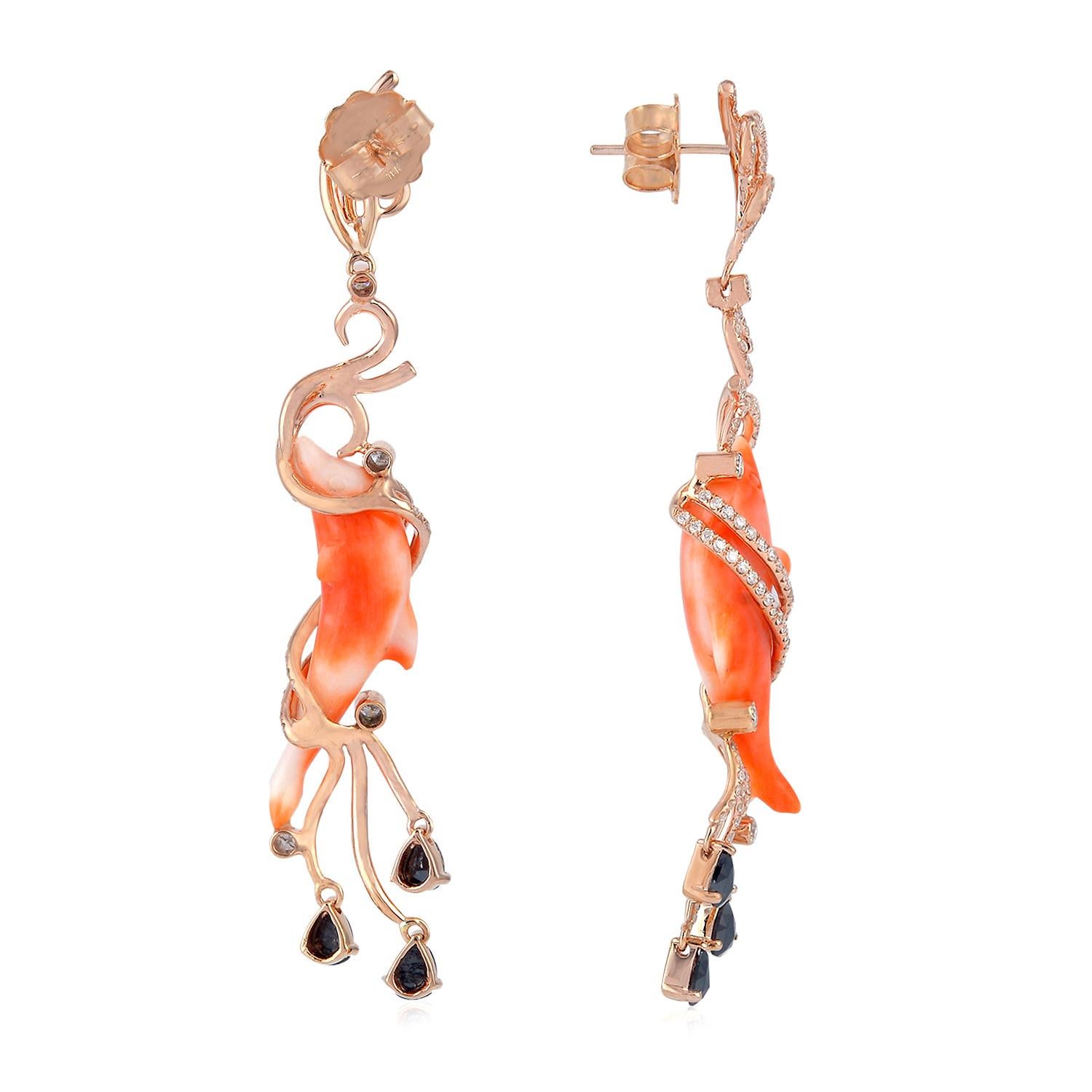 Artisan 21.42 Carat Carved Coral Dolphin Diamond Earrings For Sale