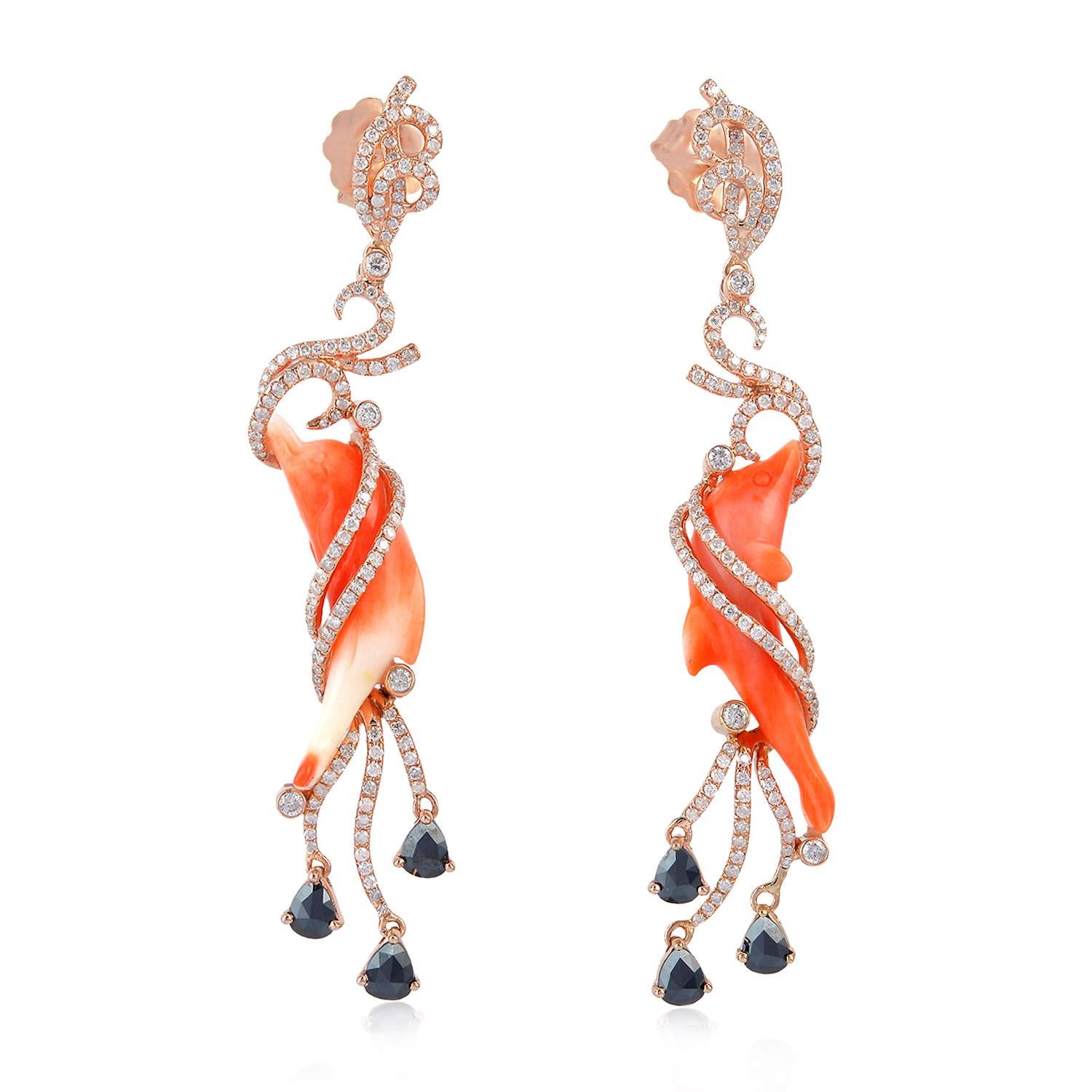 Mixed Cut 21.42 Carat Carved Coral Dolphin Diamond Earrings For Sale