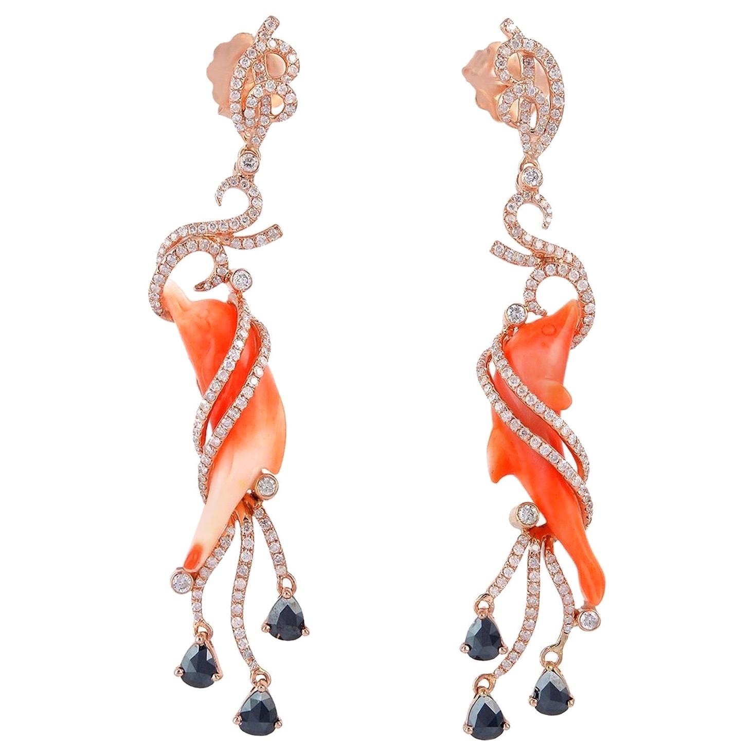 21.42 Carat Carved Coral Dolphin Diamond Earrings For Sale