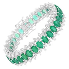21.42 Carat Emerald 8.97 Carat SI/H Diamond Wide Bracelet 14 Karat White Gold